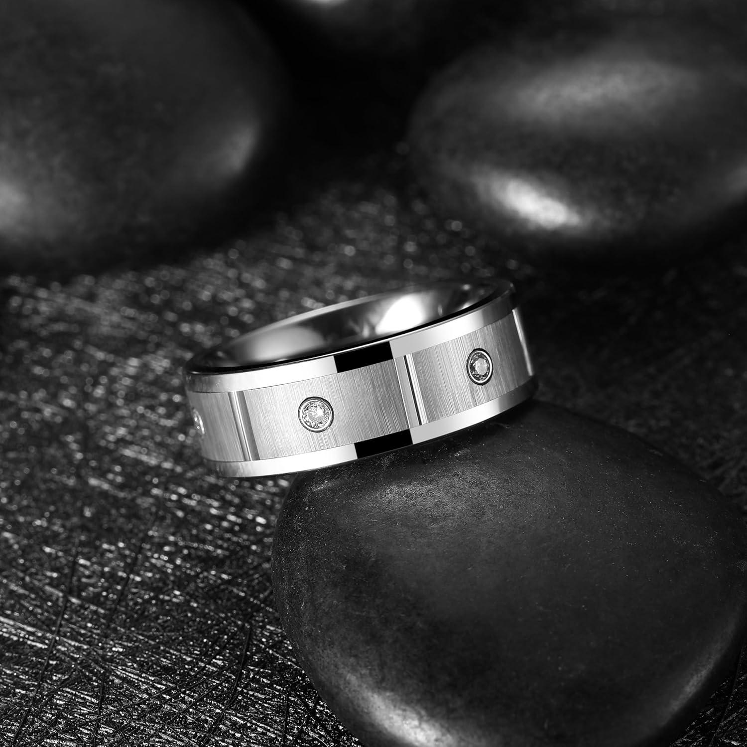 imageKing Will Mens Tungsten Wedding Band with Cubic Zircon Inlay 7mm8mm Flat Cut Comfort Fit Engagement RingsBGunmetalSilver Inlay8mm