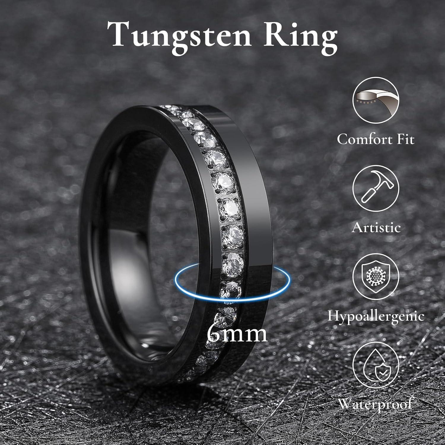imageKing Will Mens Tungsten Wedding Band with Cubic Zircon Inlay 7mm8mm Flat Cut Comfort Fit Engagement RingsBlackWhite6mm