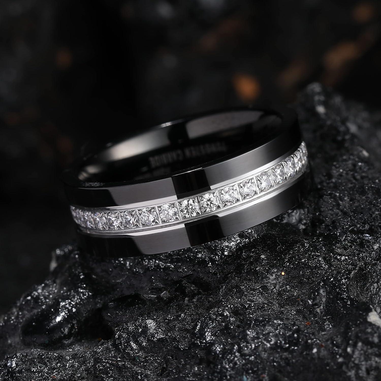 imageKing Will Mens Tungsten Wedding Band with Cubic Zircon Inlay 7mm8mm Flat Cut Comfort Fit Engagement RingsBlackWhite8mm