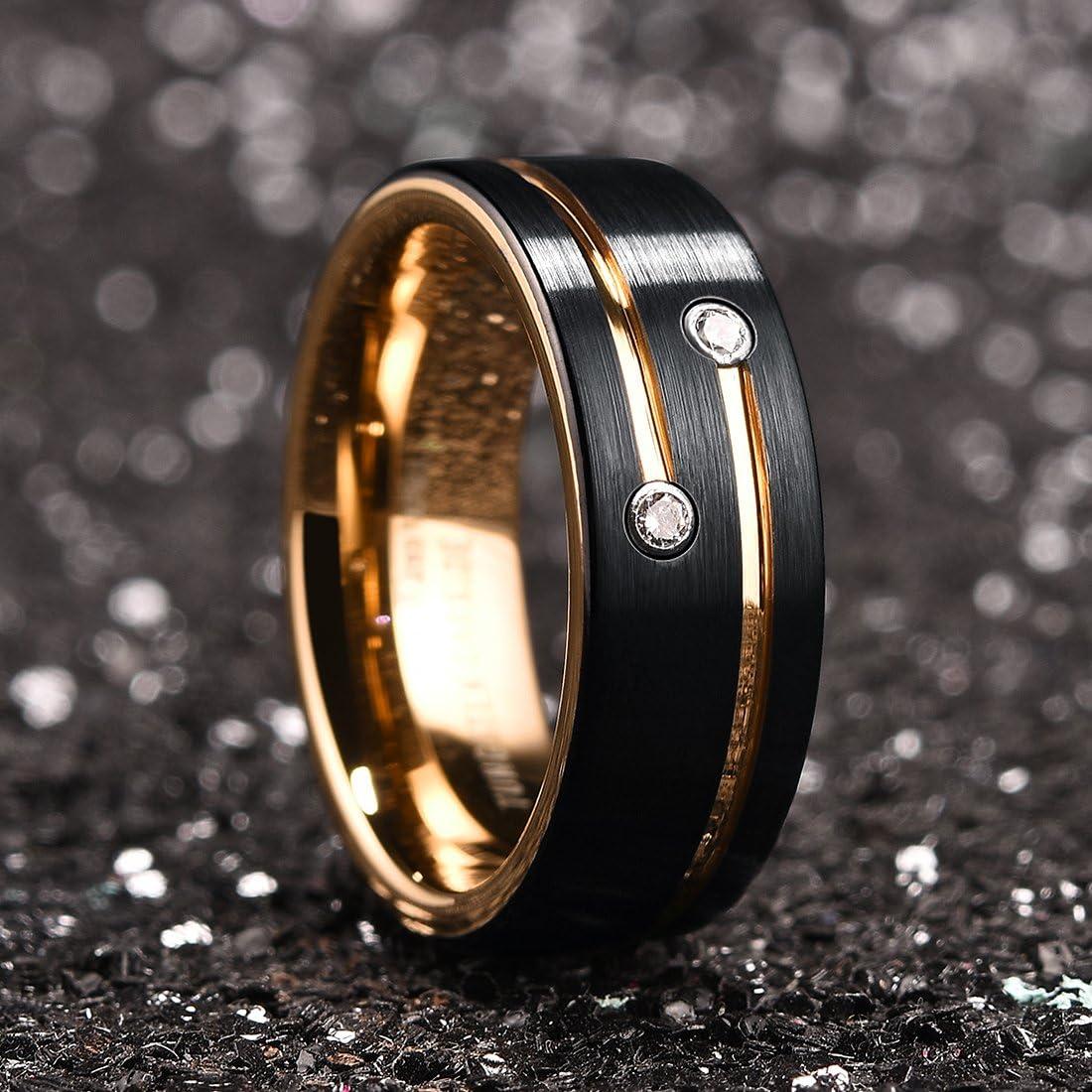 imageKing Will Mens Tungsten Wedding Band with Cubic Zircon Inlay 7mm8mm Flat Cut Comfort Fit Engagement RingsCBlackGold8mm