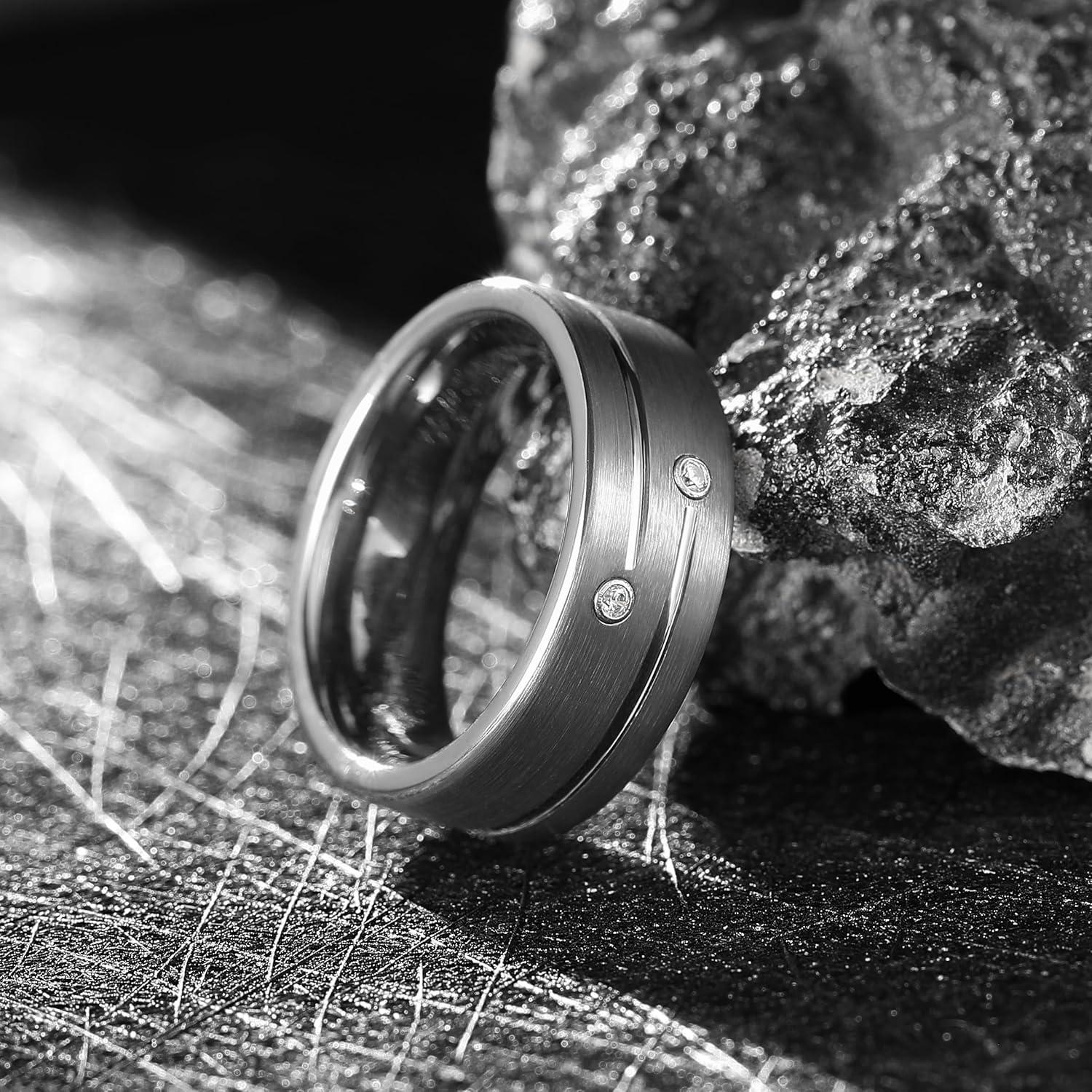 imageKing Will Mens Tungsten Wedding Band with Cubic Zircon Inlay 7mm8mm Flat Cut Comfort Fit Engagement RingsCSilver8mm