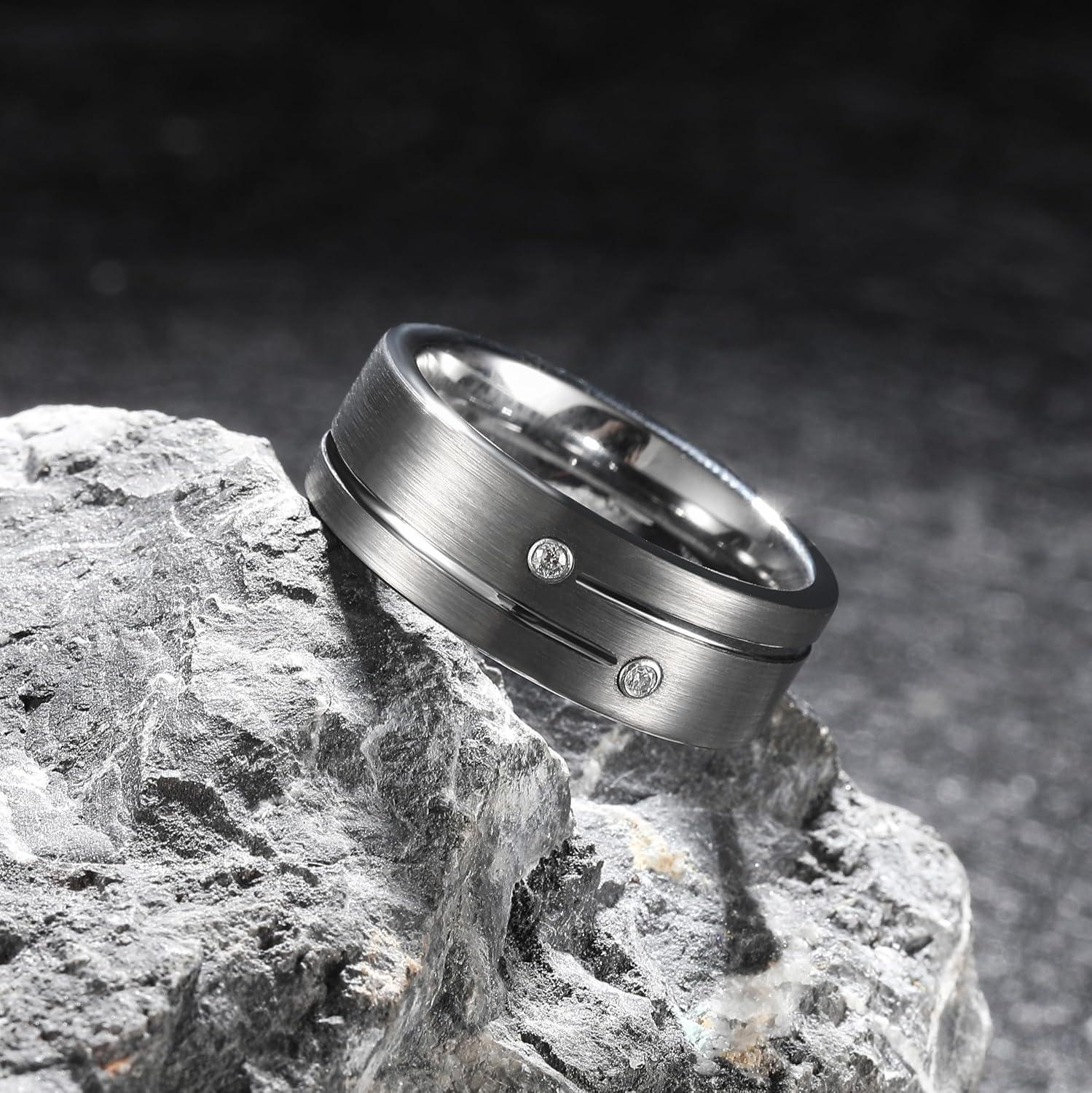 imageKing Will Mens Tungsten Wedding Band with Cubic Zircon Inlay 7mm8mm Flat Cut Comfort Fit Engagement RingsCSilver8mm