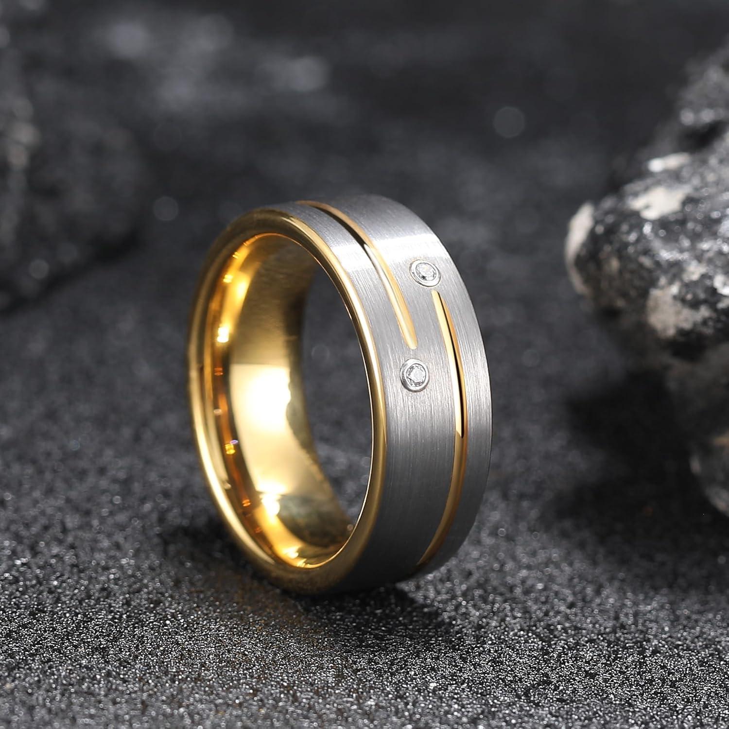 imageKing Will Mens Tungsten Wedding Band with Cubic Zircon Inlay 7mm8mm Flat Cut Comfort Fit Engagement RingsCSilverGold8mm