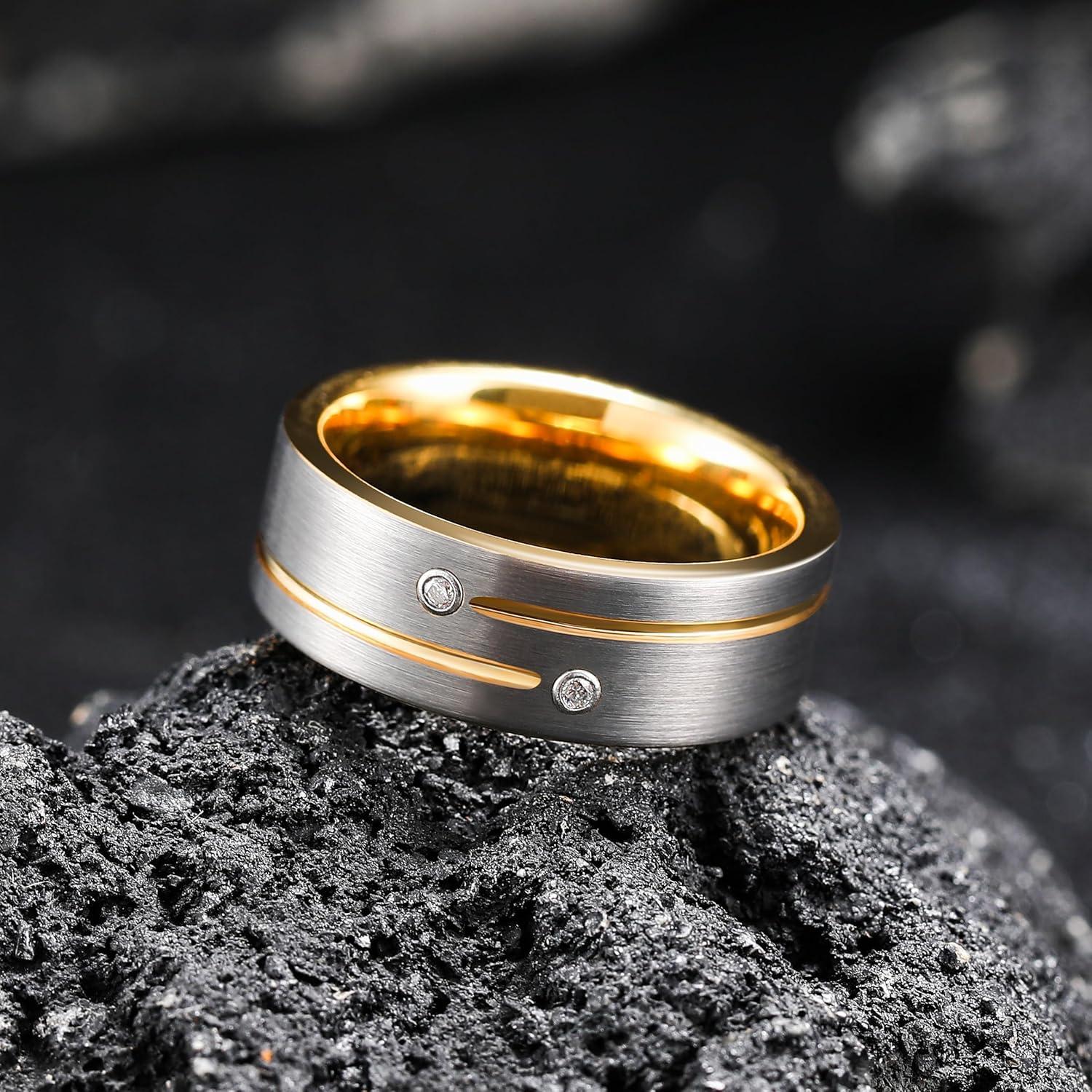 imageKing Will Mens Tungsten Wedding Band with Cubic Zircon Inlay 7mm8mm Flat Cut Comfort Fit Engagement RingsCSilverGold8mm