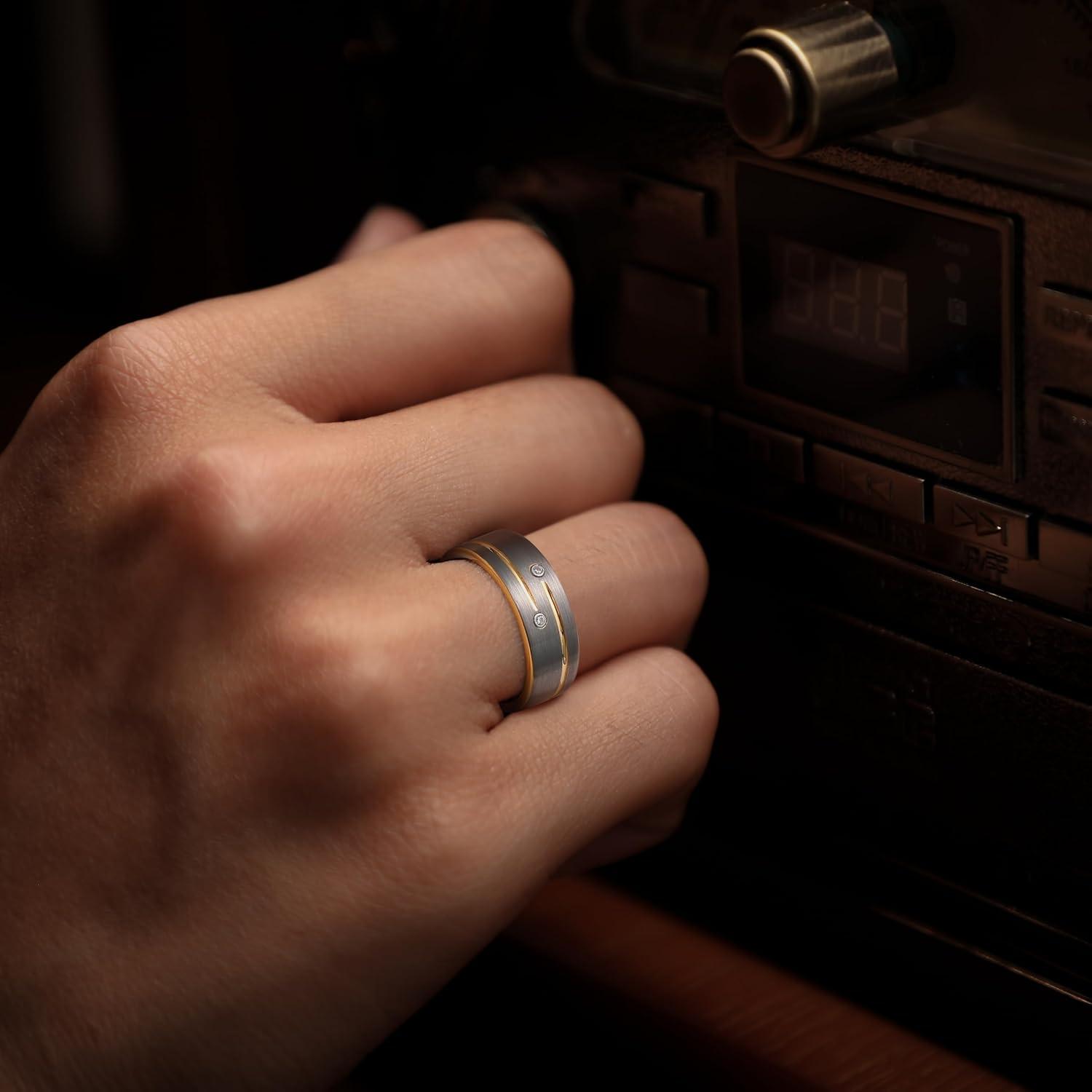 imageKing Will Mens Tungsten Wedding Band with Cubic Zircon Inlay 7mm8mm Flat Cut Comfort Fit Engagement RingsCSilverGold8mm