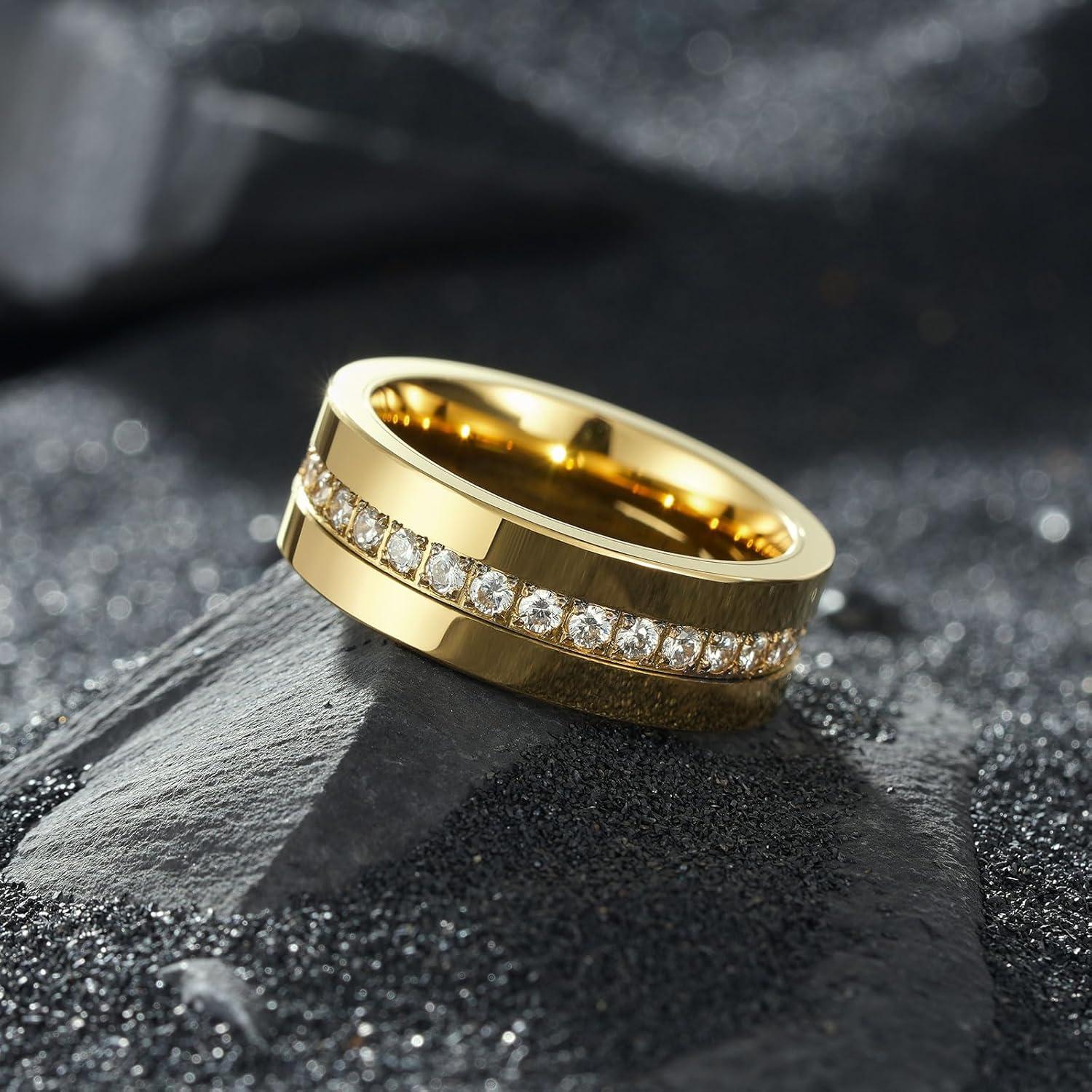 imageKing Will Mens Tungsten Wedding Band with Cubic Zircon Inlay 7mm8mm Flat Cut Comfort Fit Engagement RingsGoldWhite