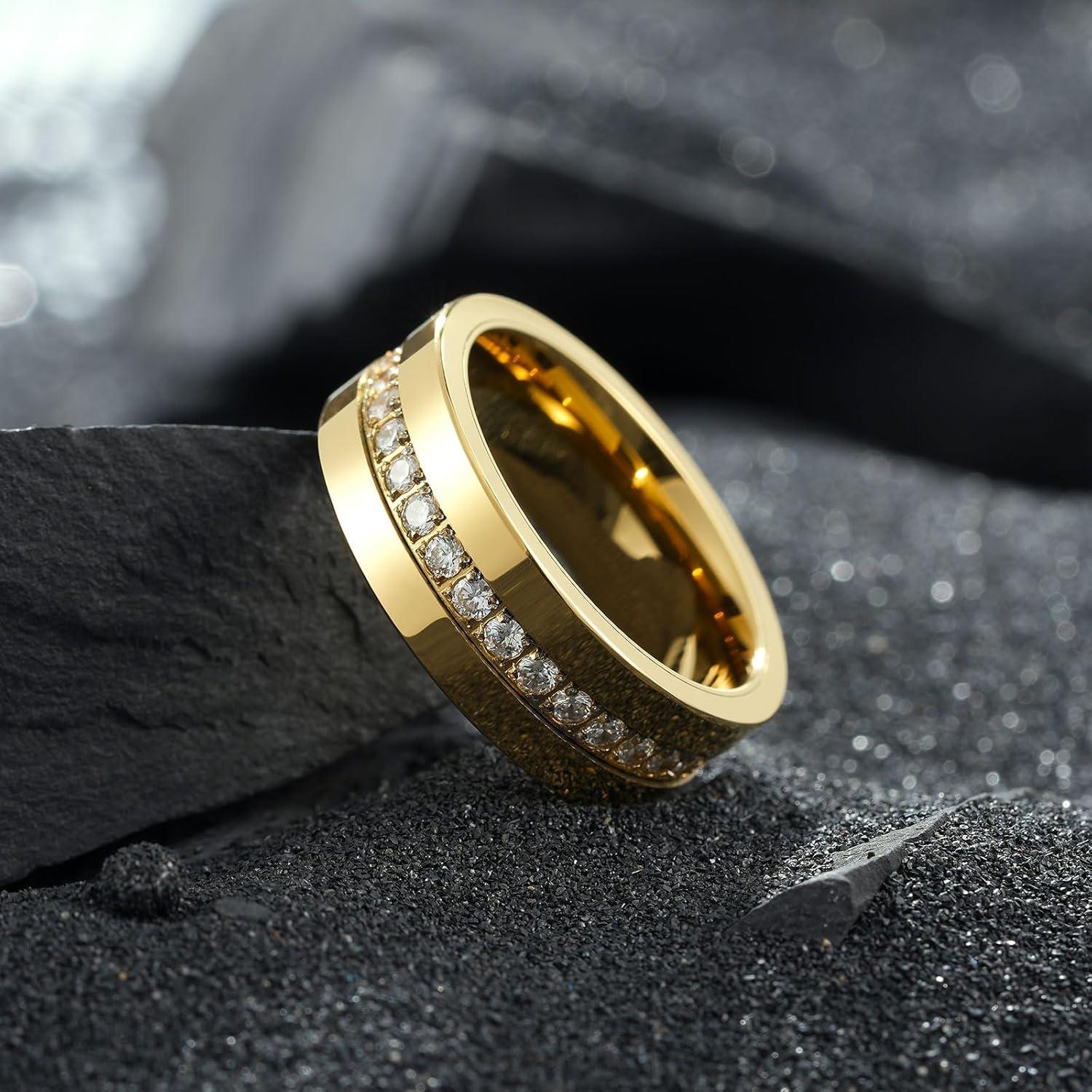 imageKing Will Mens Tungsten Wedding Band with Cubic Zircon Inlay 7mm8mm Flat Cut Comfort Fit Engagement RingsGoldWhite