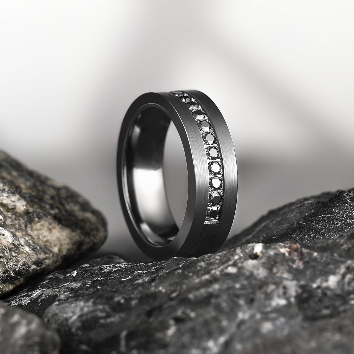 imageKing Will Mens Tungsten Wedding Band with Cubic Zircon Inlay 7mm8mm Flat Cut Comfort Fit Engagement RingsGunmetalBlack7mm