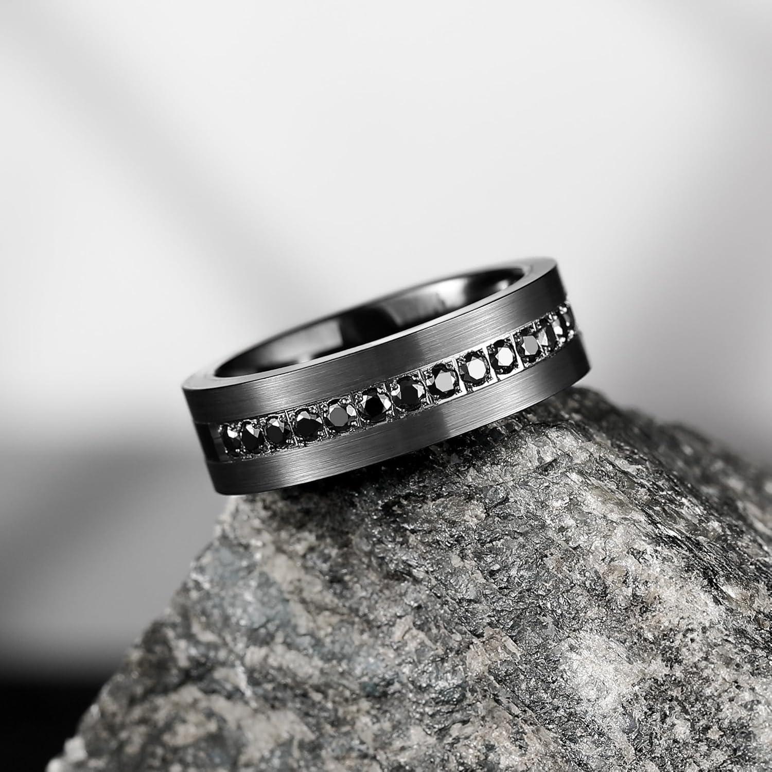 imageKing Will Mens Tungsten Wedding Band with Cubic Zircon Inlay 7mm8mm Flat Cut Comfort Fit Engagement RingsGunmetalBlack7mm