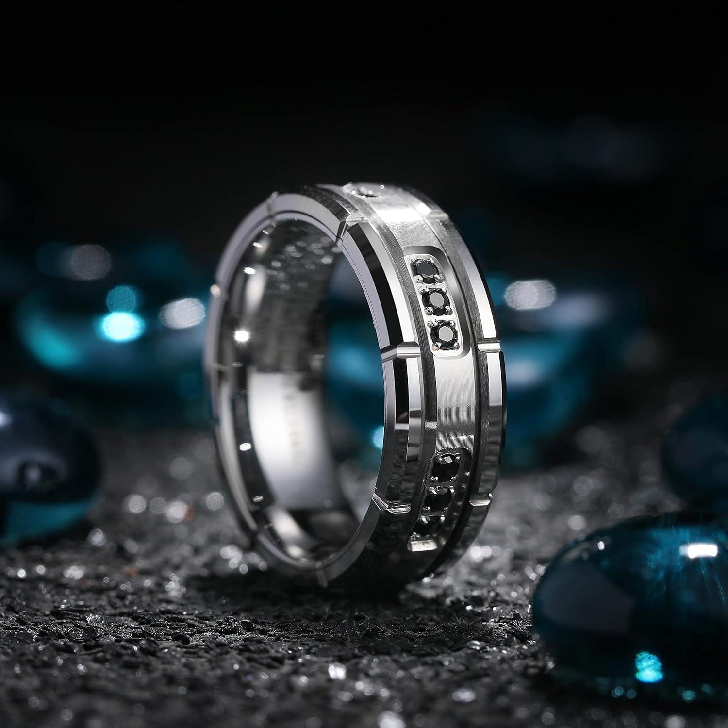 imageKing Will Mens Tungsten Wedding Band with Cubic Zircon Inlay 7mm8mm Flat Cut Comfort Fit Engagement RingsSilver