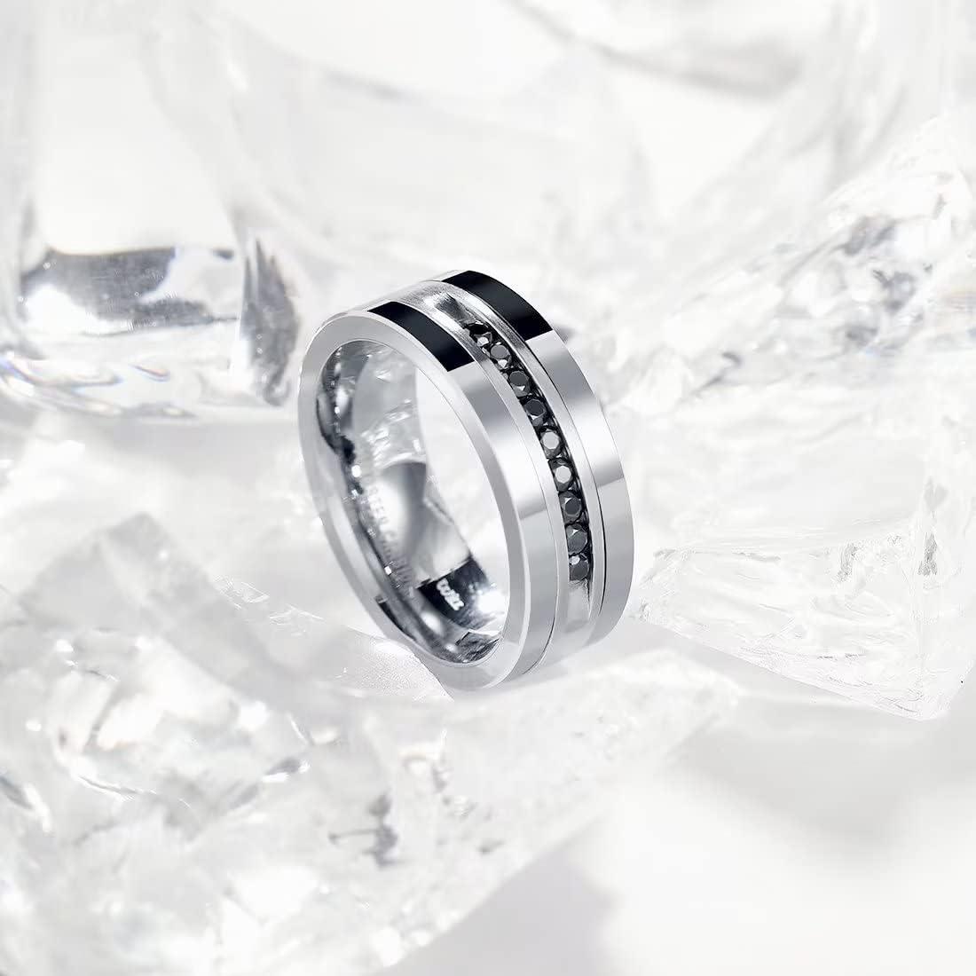 imageKing Will Mens Tungsten Wedding Band with Cubic Zircon Inlay 7mm8mm Flat Cut Comfort Fit Engagement RingsSilver8mm