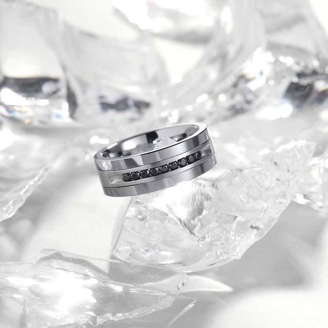 imageKing Will Mens Tungsten Wedding Band with Cubic Zircon Inlay 7mm8mm Flat Cut Comfort Fit Engagement RingsSilver8mm