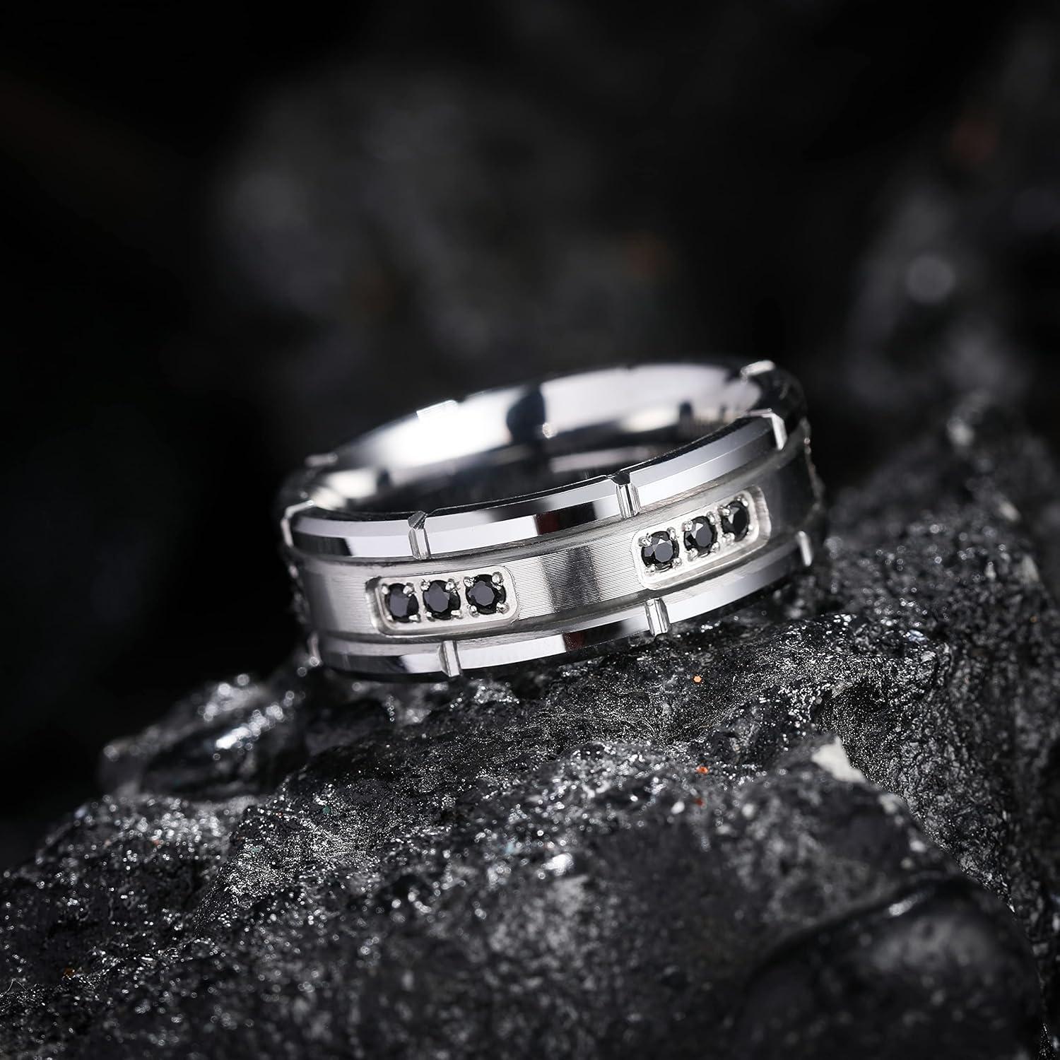 imageKing Will Mens Tungsten Wedding Band with Cubic Zircon Inlay 7mm8mm Flat Cut Comfort Fit Engagement RingsSilverBlack8mm