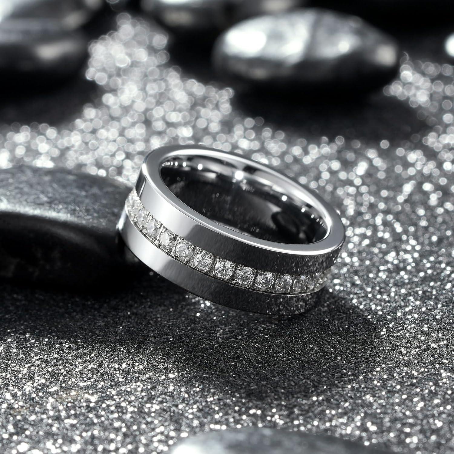 imageKing Will Mens Tungsten Wedding Band with Cubic Zircon Inlay 7mm8mm Flat Cut Comfort Fit Engagement RingsSilverWhite