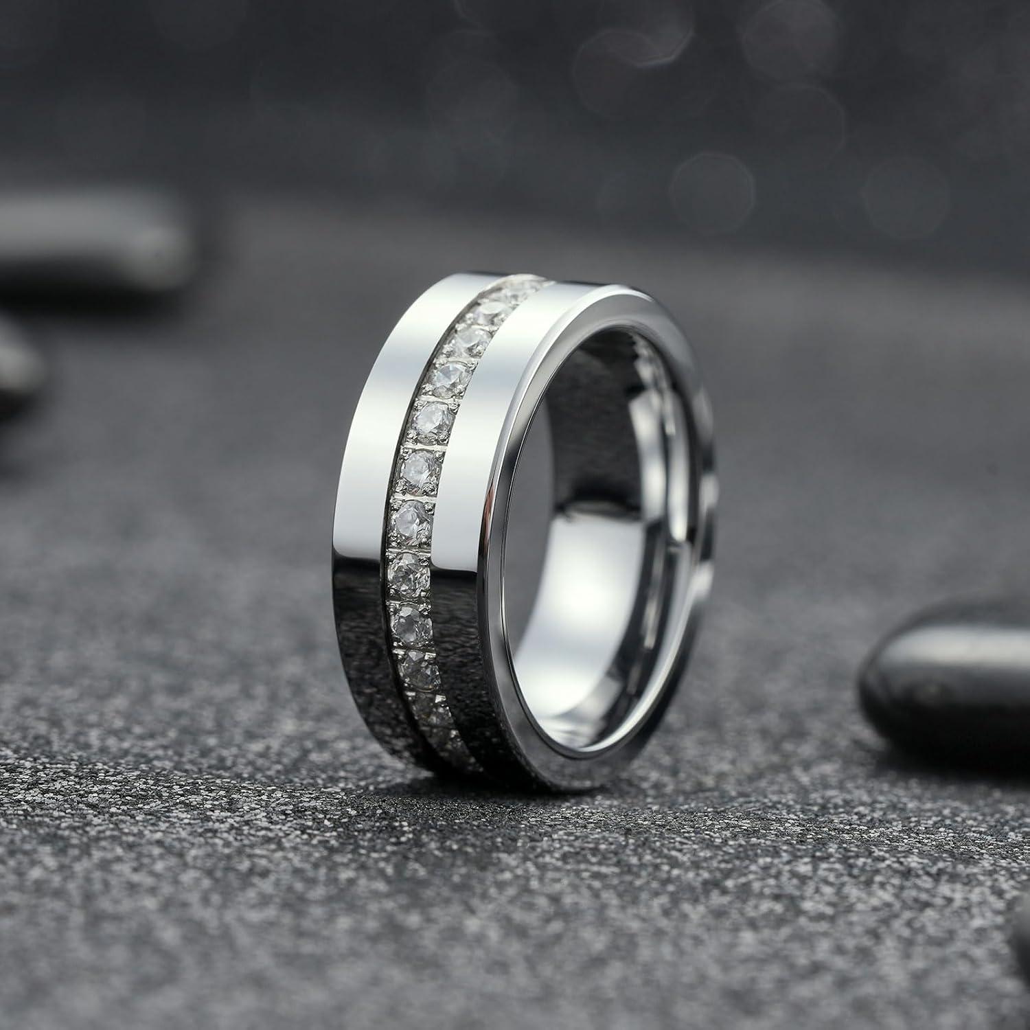 imageKing Will Mens Tungsten Wedding Band with Cubic Zircon Inlay 7mm8mm Flat Cut Comfort Fit Engagement RingsSilverWhite