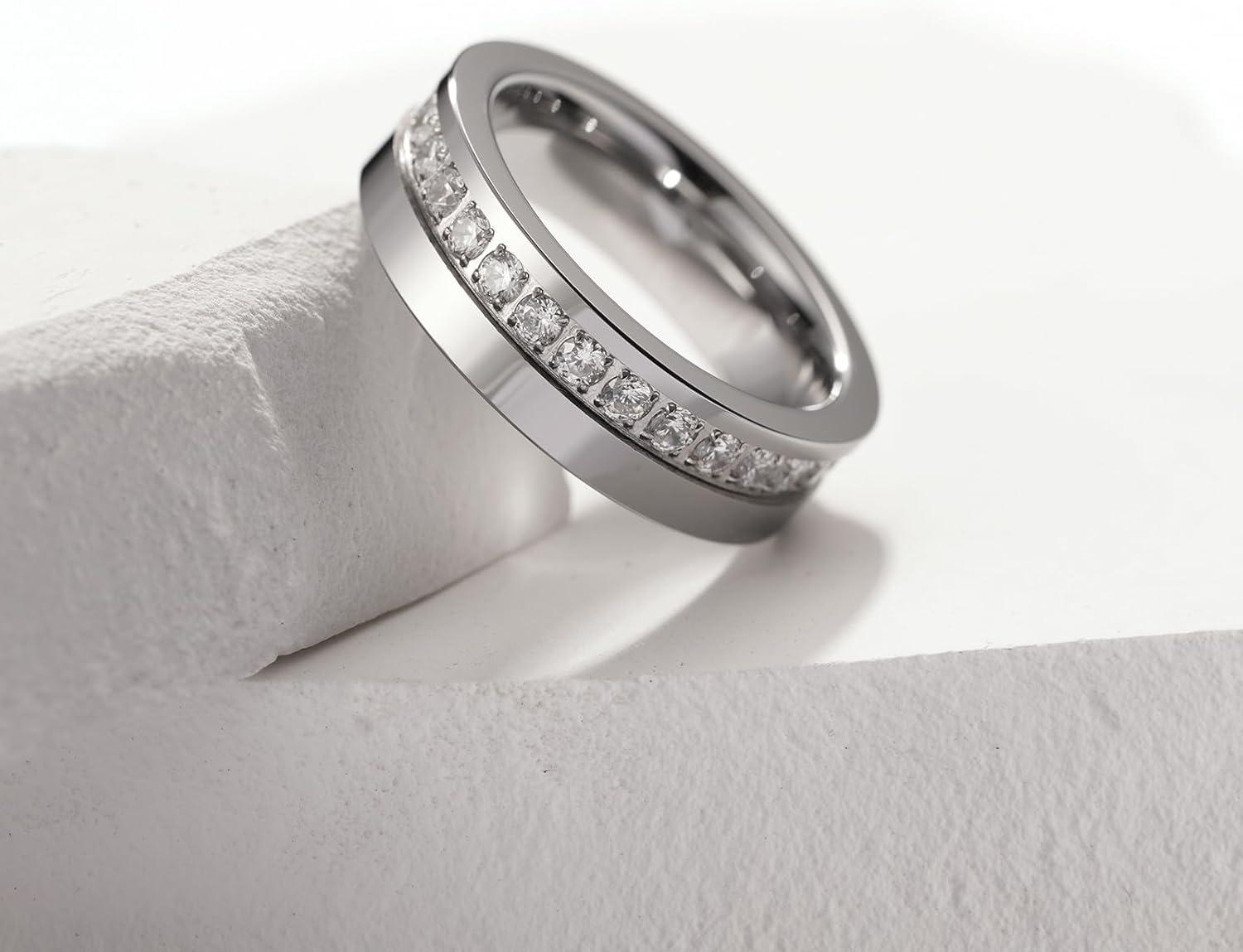 imageKing Will Mens Tungsten Wedding Band with Cubic Zircon Inlay 7mm8mm Flat Cut Comfort Fit Engagement RingsSilverWhite6mm