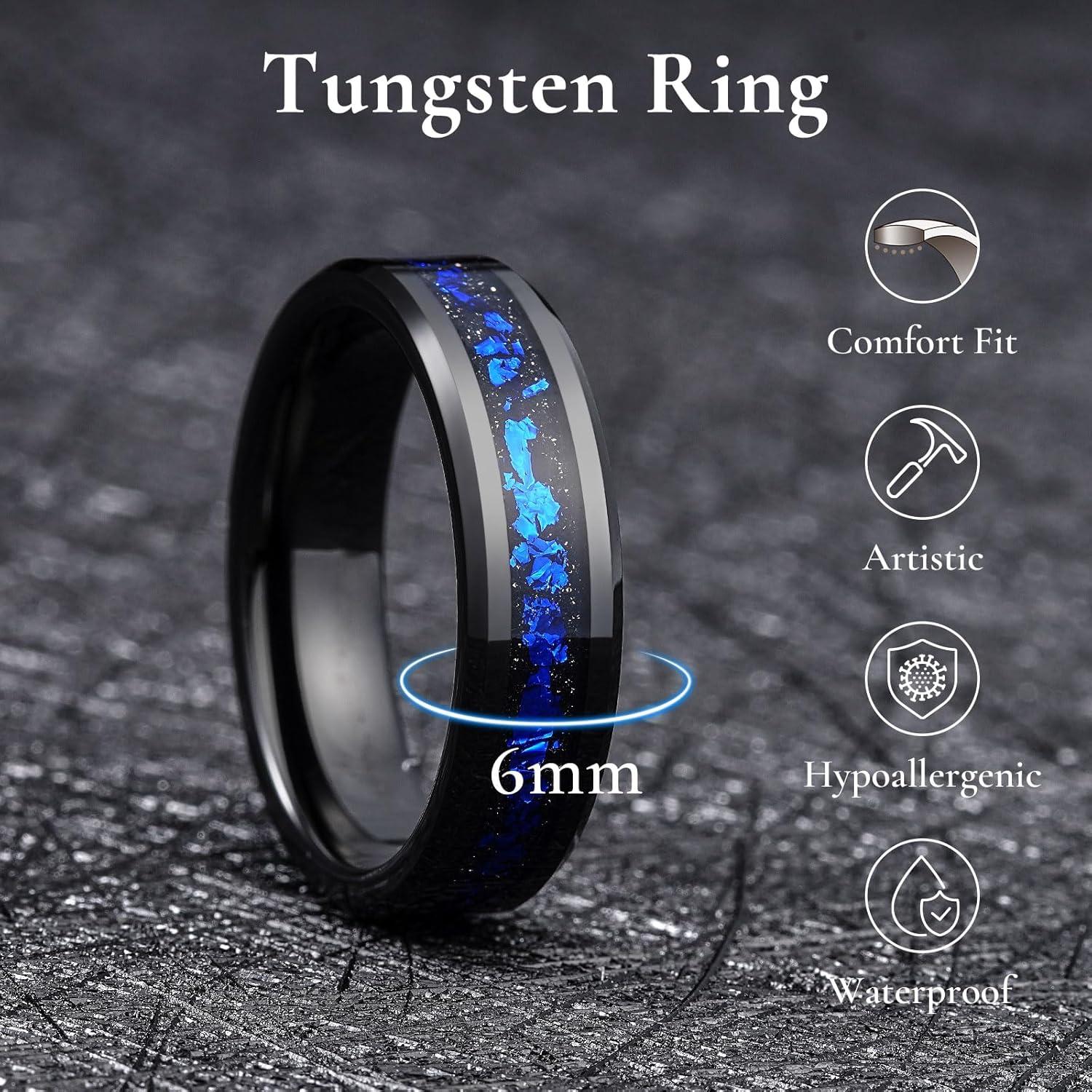 imageKing Will Mens Wedding Band with Foils Inlay BlackSilverGold Beveled Edge Glowstone Ring 6mm8mm Tungsten Carbide Rings Comfort FitBlackBlue6mm