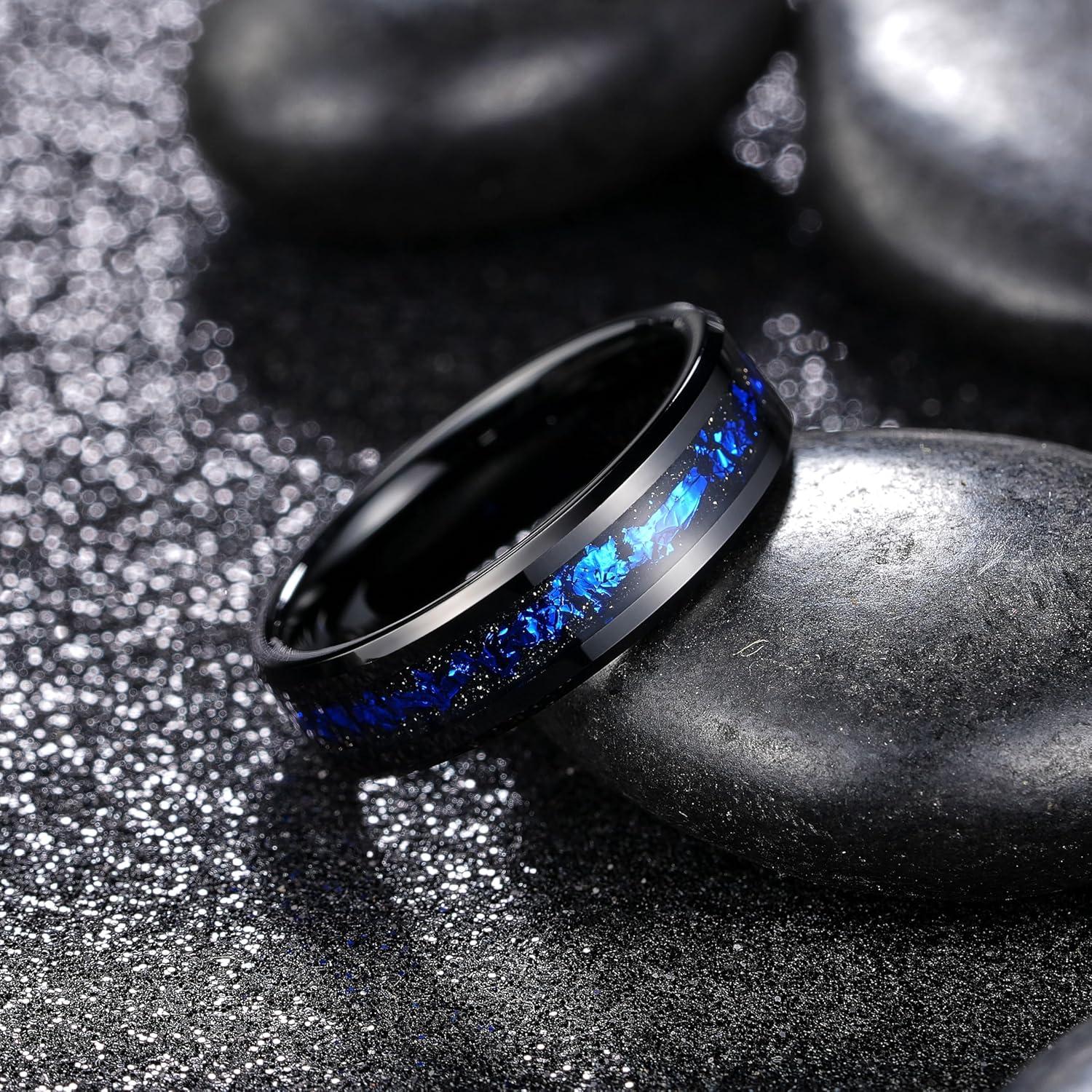 imageKing Will Mens Wedding Band with Foils Inlay BlackSilverGold Beveled Edge Glowstone Ring 6mm8mm Tungsten Carbide Rings Comfort FitBlackBlue6mm