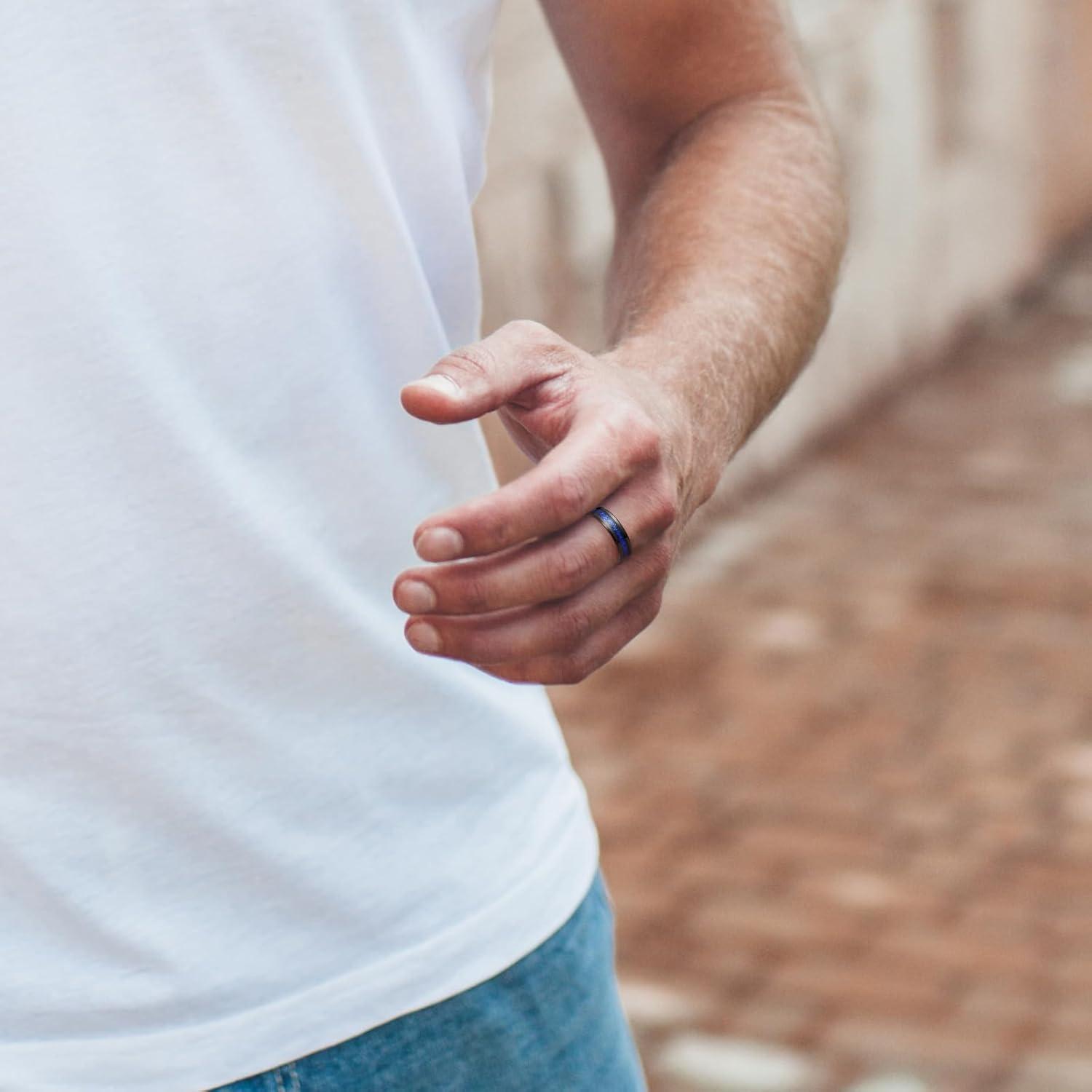 imageKing Will Mens Wedding Band with Foils Inlay BlackSilverGold Beveled Edge Glowstone Ring 6mm8mm Tungsten Carbide Rings Comfort FitBlackBlue6mm