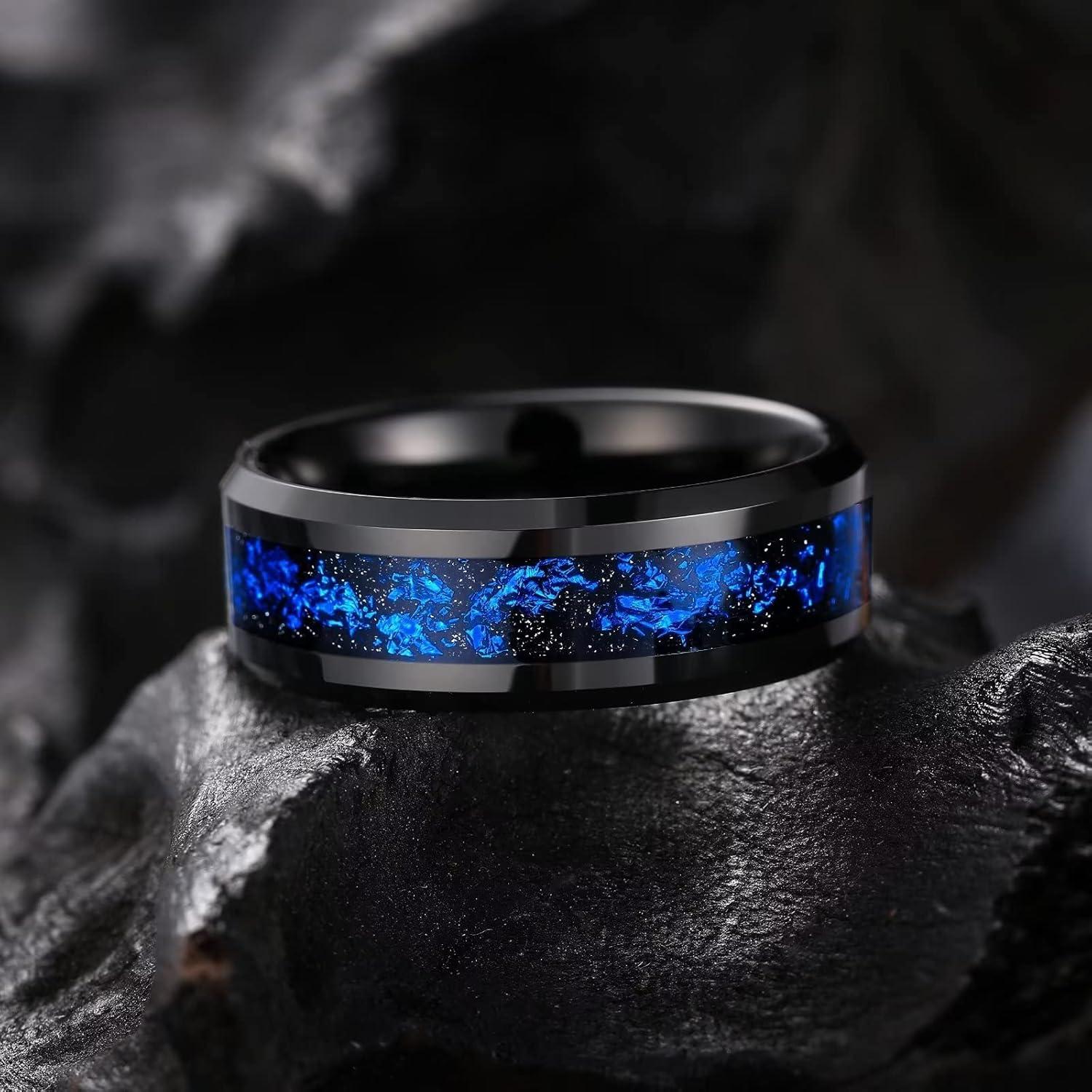 imageKing Will Mens Wedding Band with Foils Inlay BlackSilverGold Beveled Edge Glowstone Ring 6mm8mm Tungsten Carbide Rings Comfort FitBlackBlue8mm