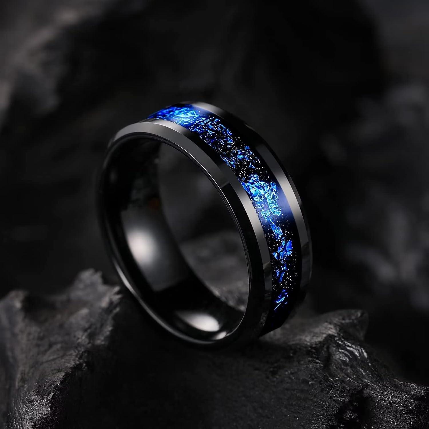 imageKing Will Mens Wedding Band with Foils Inlay BlackSilverGold Beveled Edge Glowstone Ring 6mm8mm Tungsten Carbide Rings Comfort FitBlackBlue8mm