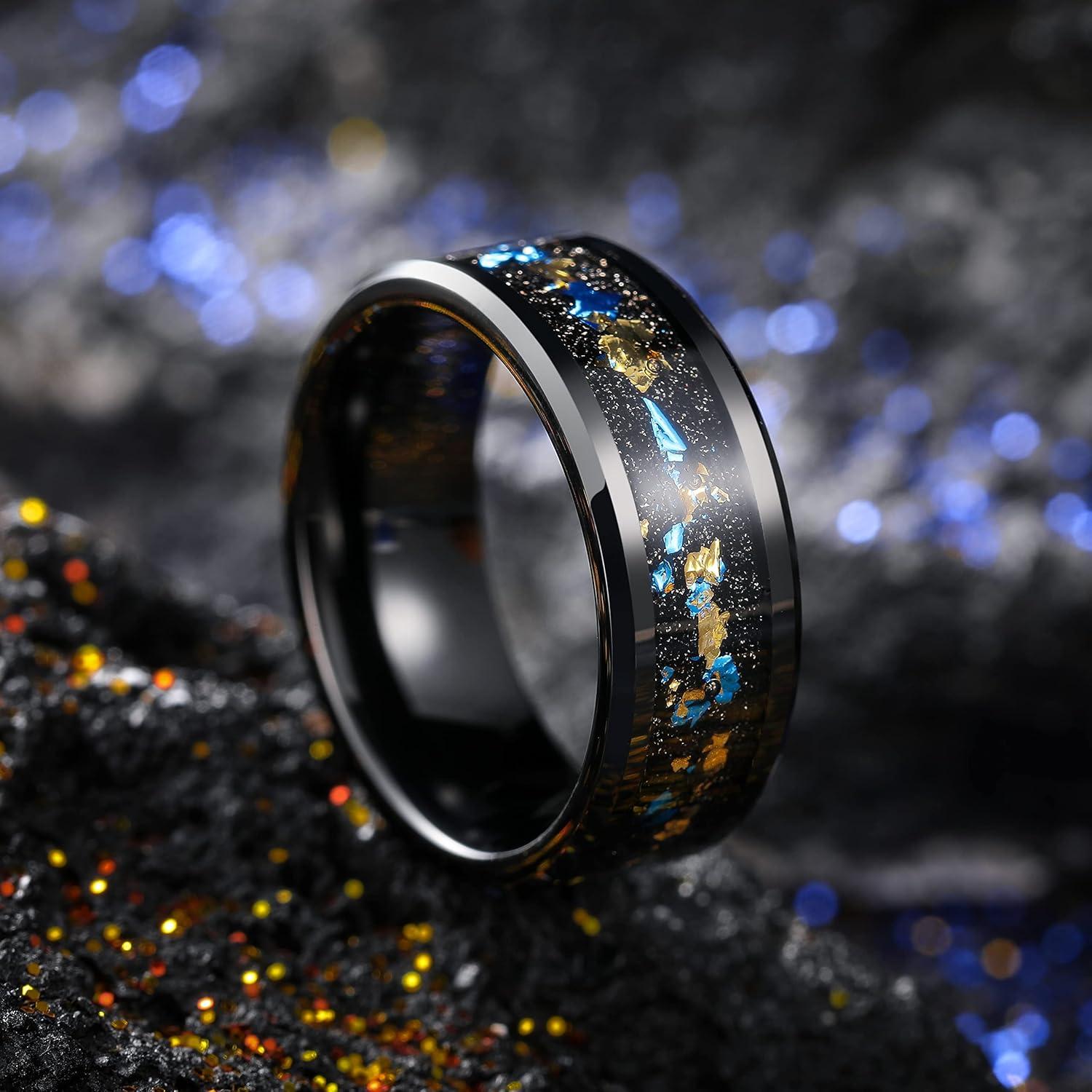 imageKing Will Mens Wedding Band with Foils Inlay BlackSilverGold Beveled Edge Glowstone Ring 6mm8mm Tungsten Carbide Rings Comfort FitBlackBlueGold8mm