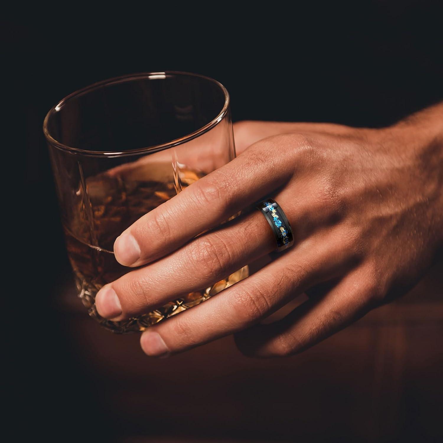 imageKing Will Mens Wedding Band with Foils Inlay BlackSilverGold Beveled Edge Glowstone Ring 6mm8mm Tungsten Carbide Rings Comfort FitBlackBlueGold8mm