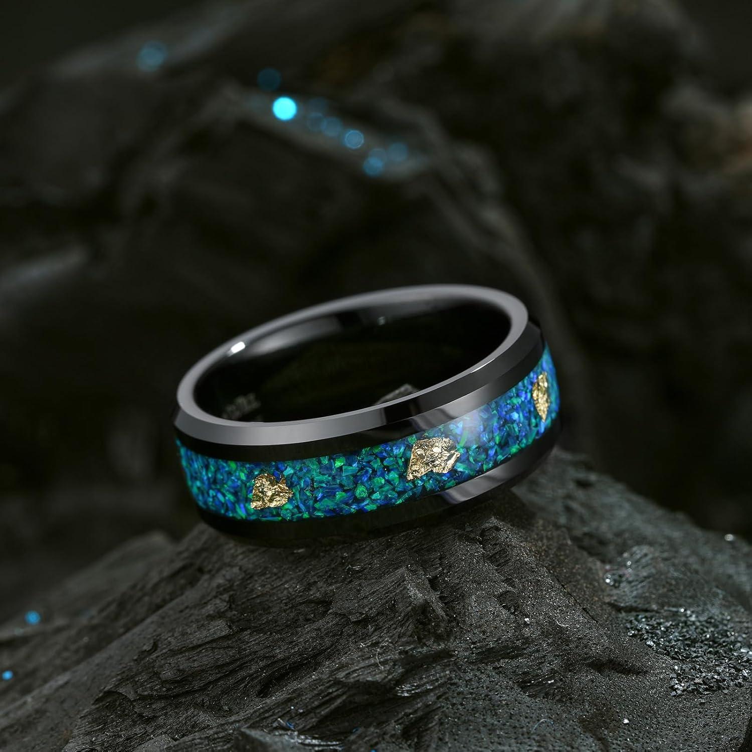 imageKing Will Mens Wedding Band with Foils Inlay BlackSilverGold Beveled Edge Glowstone Ring 6mm8mm Tungsten Carbide Rings Comfort FitBlackBluegreen OpalGold8mm