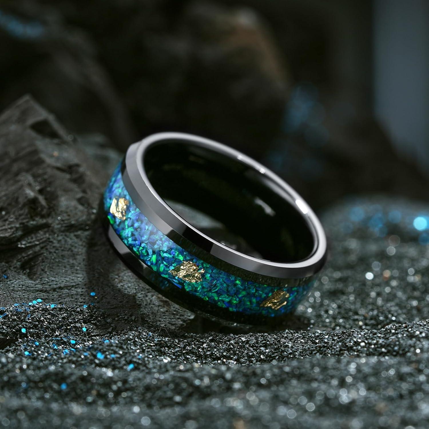 imageKing Will Mens Wedding Band with Foils Inlay BlackSilverGold Beveled Edge Glowstone Ring 6mm8mm Tungsten Carbide Rings Comfort FitBlackBluegreen OpalGold8mm