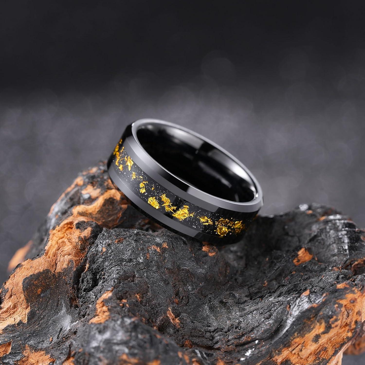 imageKing Will Mens Wedding Band with Foils Inlay BlackSilverGold Beveled Edge Glowstone Ring 6mm8mm Tungsten Carbide Rings Comfort FitBlackColorful Gold8mm