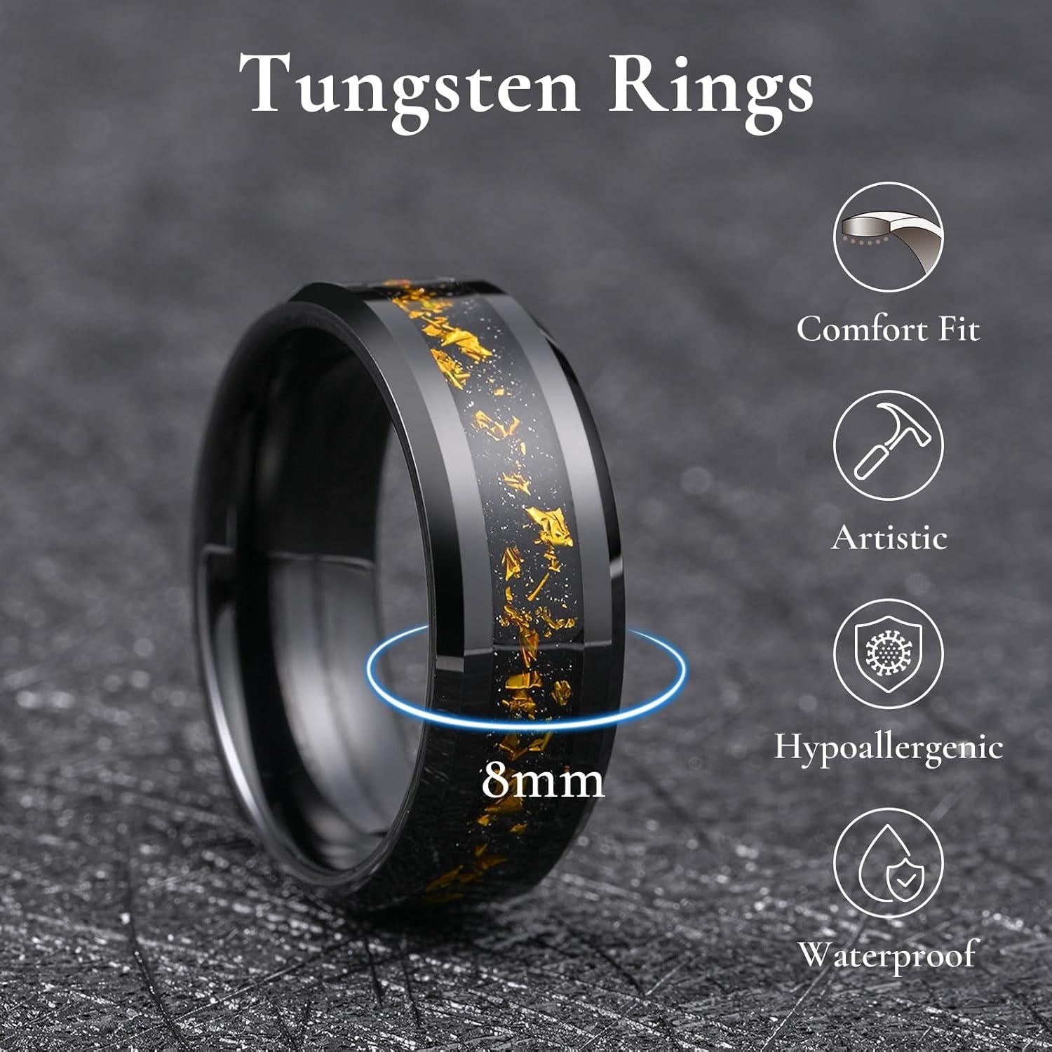 imageKing Will Mens Wedding Band with Foils Inlay BlackSilverGold Beveled Edge Glowstone Ring 6mm8mm Tungsten Carbide Rings Comfort FitBlackColorful Gold8mm