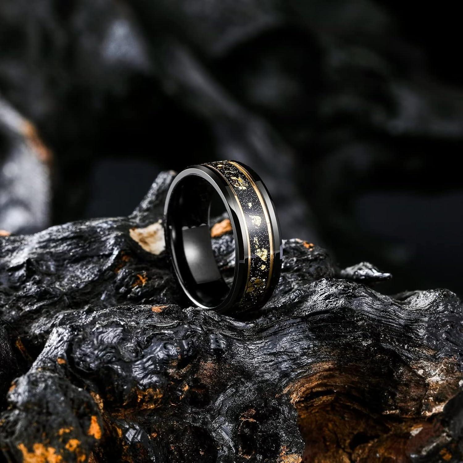 imageKing Will Mens Wedding Band with Foils Inlay BlackSilverGold Beveled Edge Glowstone Ring 6mm8mm Tungsten Carbide Rings Comfort FitBlackGold Line8mm