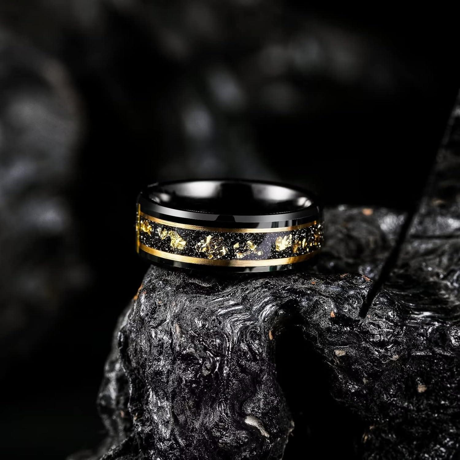imageKing Will Mens Wedding Band with Foils Inlay BlackSilverGold Beveled Edge Glowstone Ring 6mm8mm Tungsten Carbide Rings Comfort FitBlackGold Line8mm