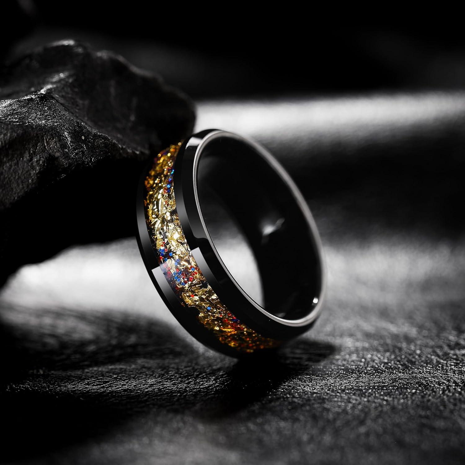 imageKing Will Mens Wedding Band with Foils Inlay BlackSilverGold Beveled Edge Glowstone Ring 6mm8mm Tungsten Carbide Rings Comfort FitBlackGoldRedBlue8mm