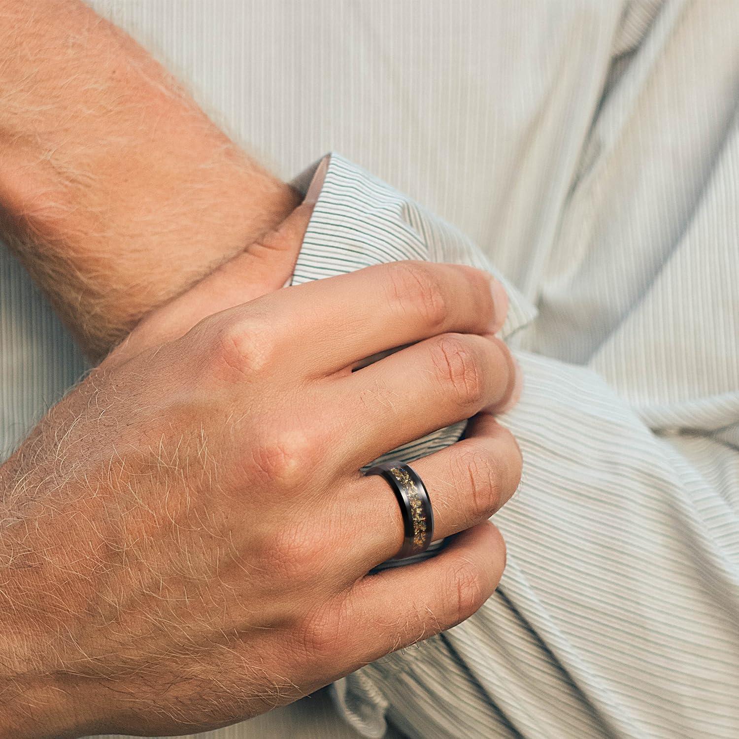 imageKing Will Mens Wedding Band with Foils Inlay BlackSilverGold Beveled Edge Glowstone Ring 6mm8mm Tungsten Carbide Rings Comfort FitBlackGoldRedBlue8mm