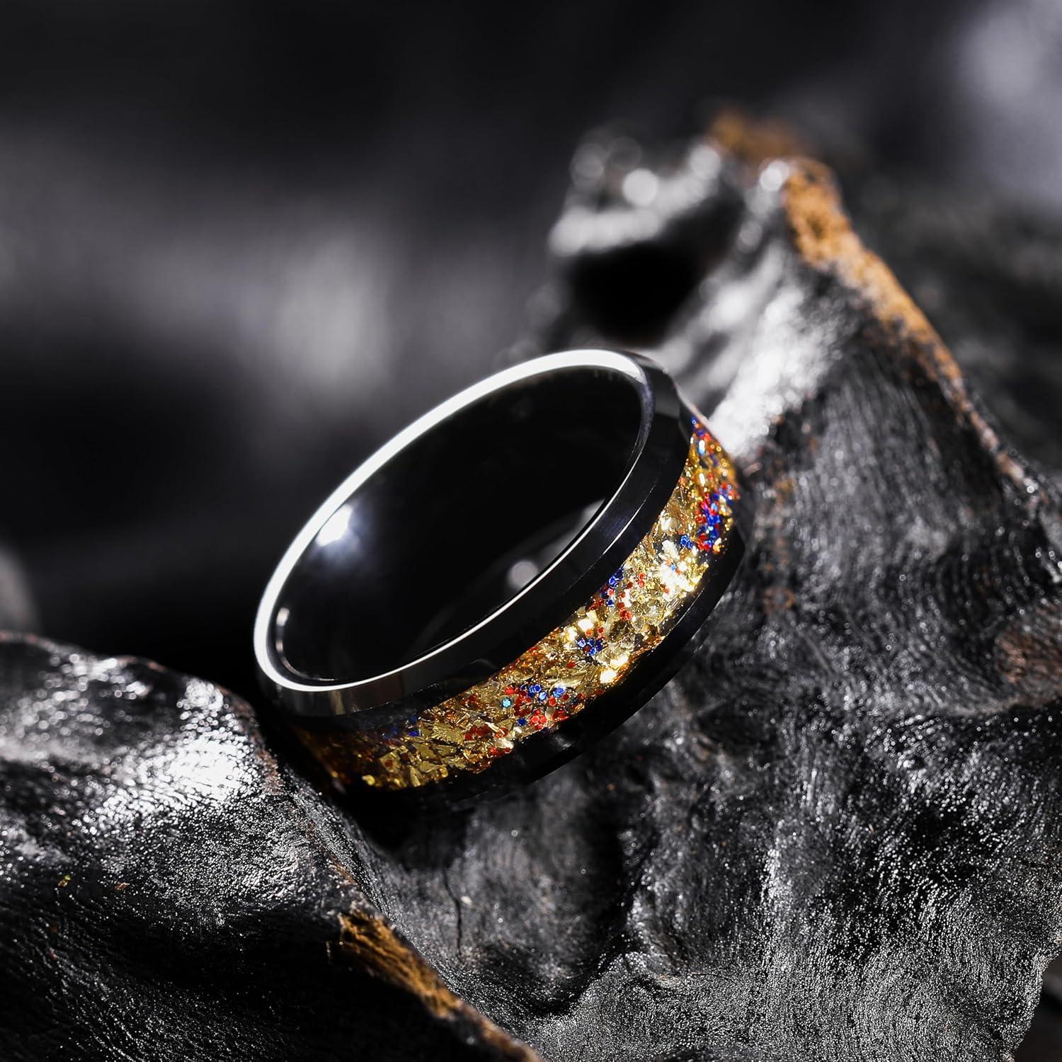 imageKing Will Mens Wedding Band with Foils Inlay BlackSilverGold Beveled Edge Glowstone Ring 6mm8mm Tungsten Carbide Rings Comfort FitBlackGoldRedBlue8mm