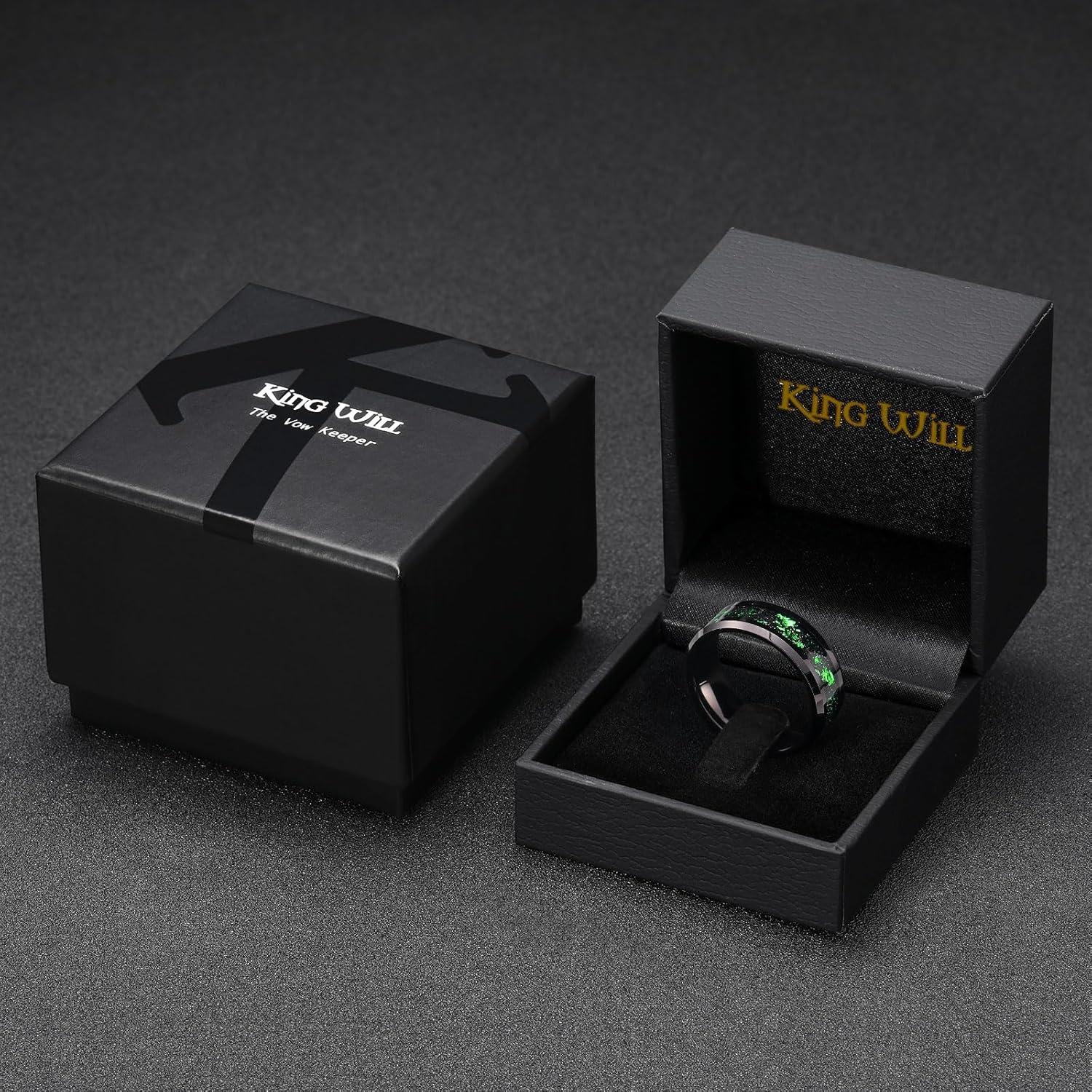 imageKing Will Mens Wedding Band with Foils Inlay BlackSilverGold Beveled Edge Glowstone Ring 6mm8mm Tungsten Carbide Rings Comfort FitBlackGreen8mm