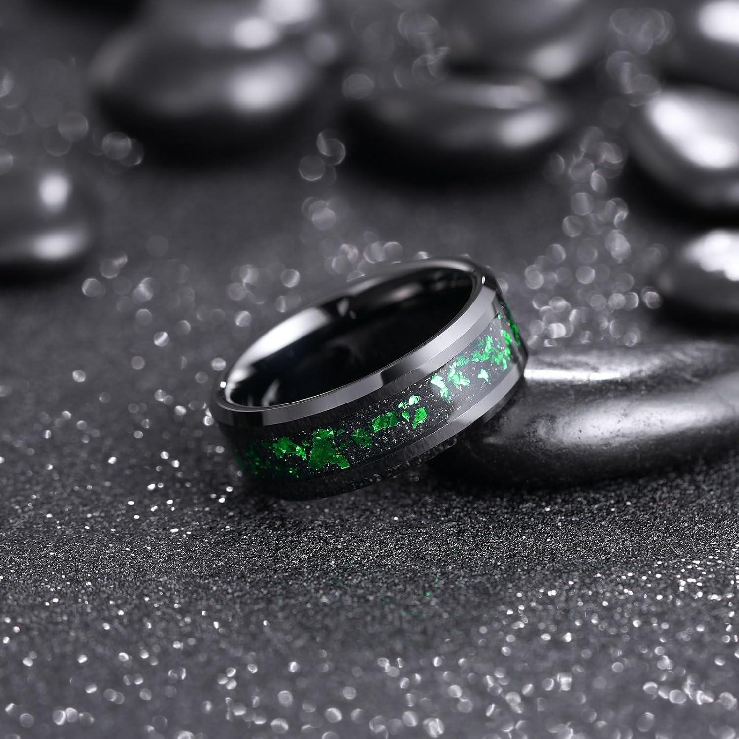 imageKing Will Mens Wedding Band with Foils Inlay BlackSilverGold Beveled Edge Glowstone Ring 6mm8mm Tungsten Carbide Rings Comfort FitBlackGreen8mm