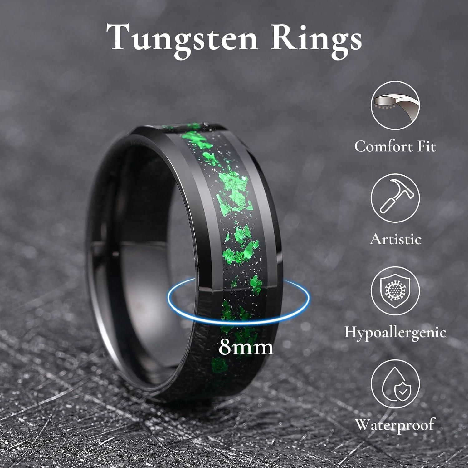 imageKing Will Mens Wedding Band with Foils Inlay BlackSilverGold Beveled Edge Glowstone Ring 6mm8mm Tungsten Carbide Rings Comfort FitBlackGreen8mm