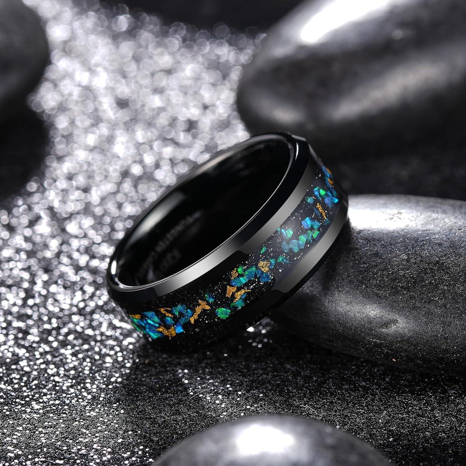 imageKing Will Mens Wedding Band with Foils Inlay BlackSilverGold Beveled Edge Glowstone Ring 6mm8mm Tungsten Carbide Rings Comfort FitBlackOpal8mm