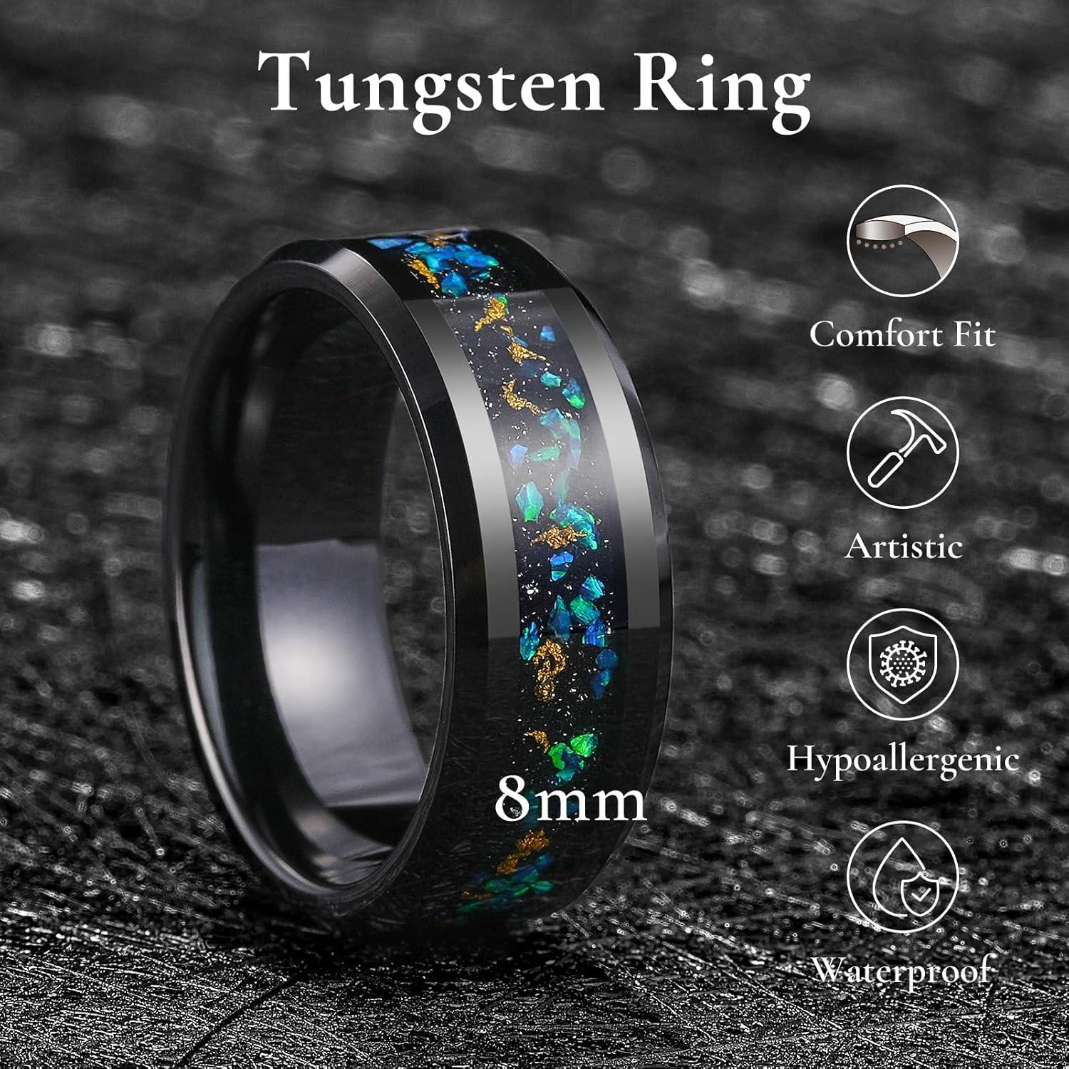 imageKing Will Mens Wedding Band with Foils Inlay BlackSilverGold Beveled Edge Glowstone Ring 6mm8mm Tungsten Carbide Rings Comfort FitBlackOpal8mm