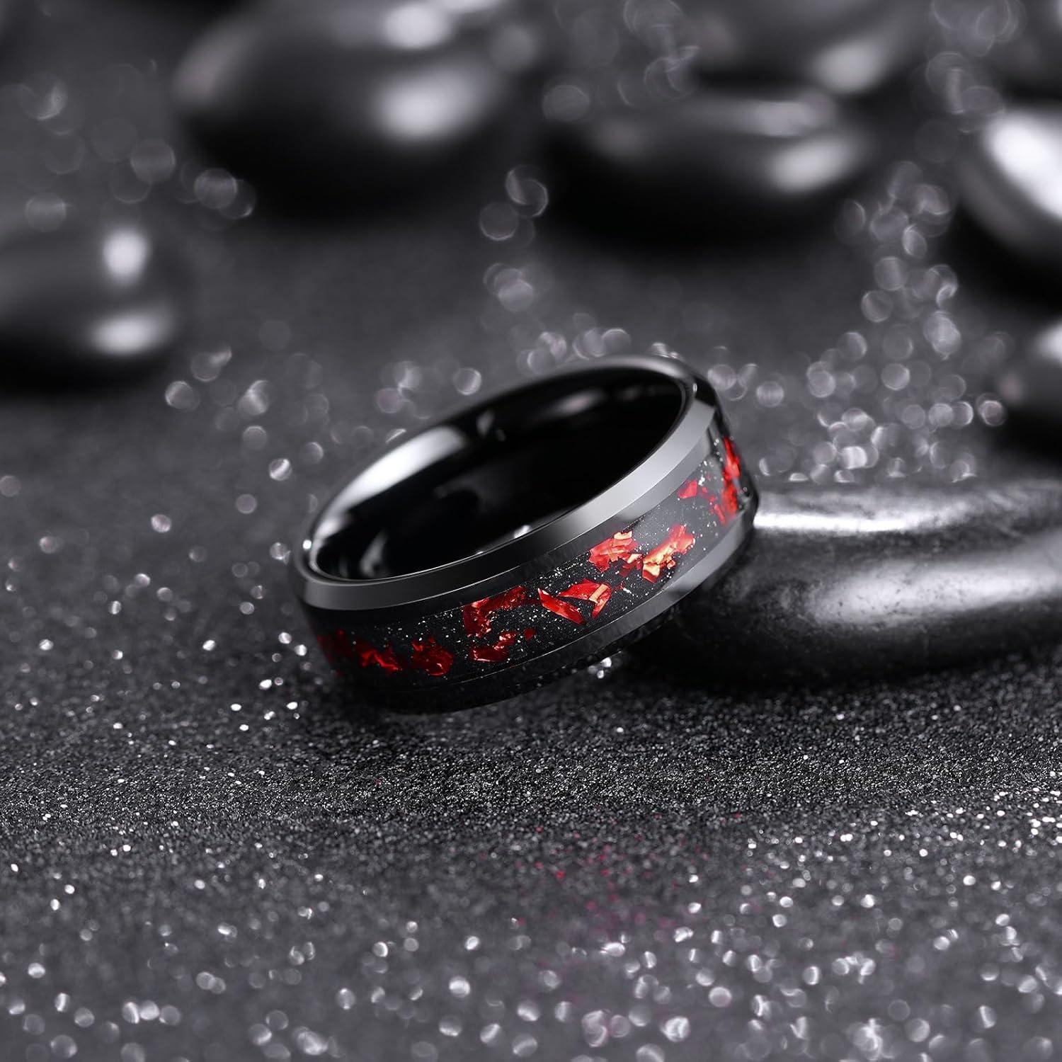 imageKing Will Mens Wedding Band with Foils Inlay BlackSilverGold Beveled Edge Glowstone Ring 6mm8mm Tungsten Carbide Rings Comfort FitBlackRed8mm