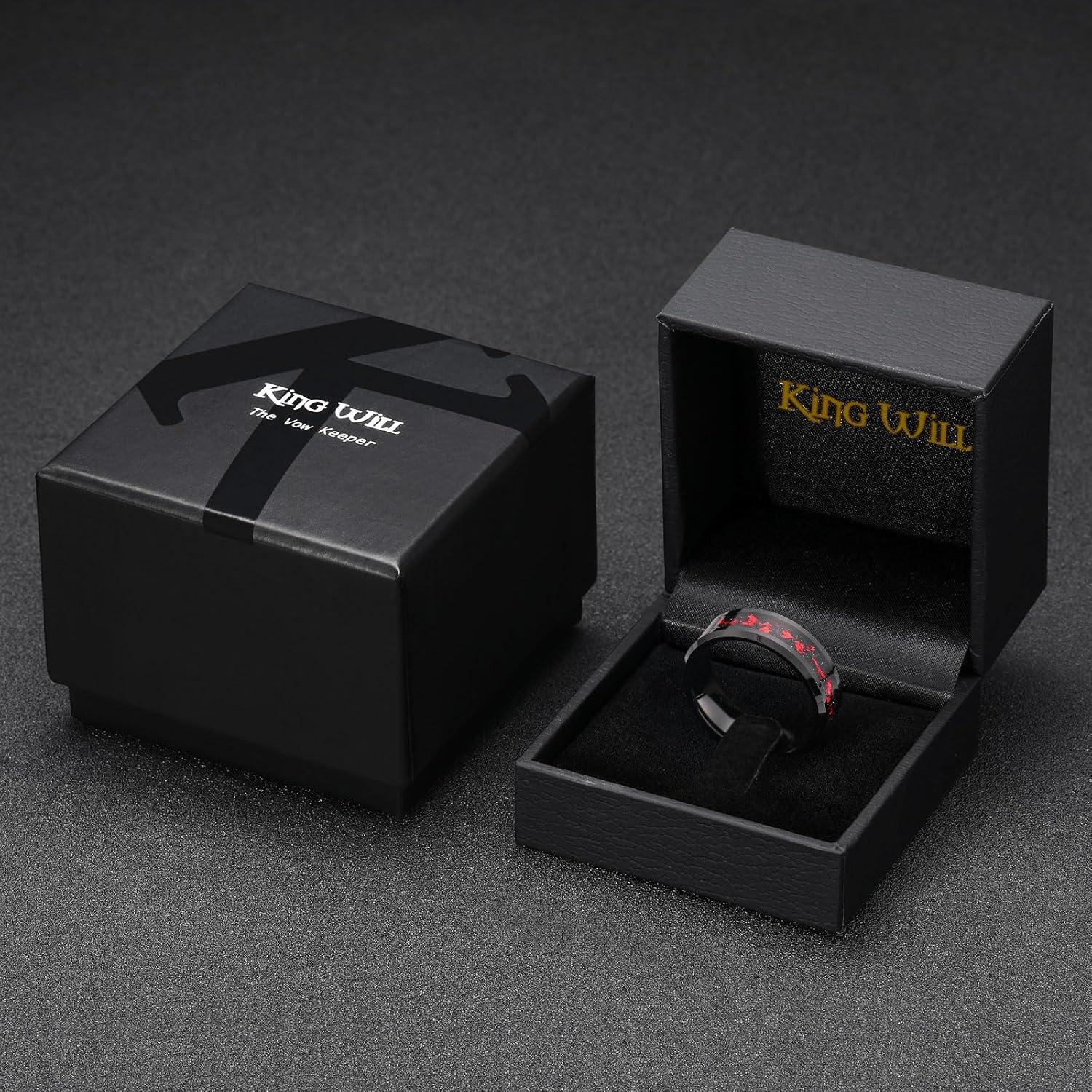 imageKing Will Mens Wedding Band with Foils Inlay BlackSilverGold Beveled Edge Glowstone Ring 6mm8mm Tungsten Carbide Rings Comfort FitBlackRed8mm