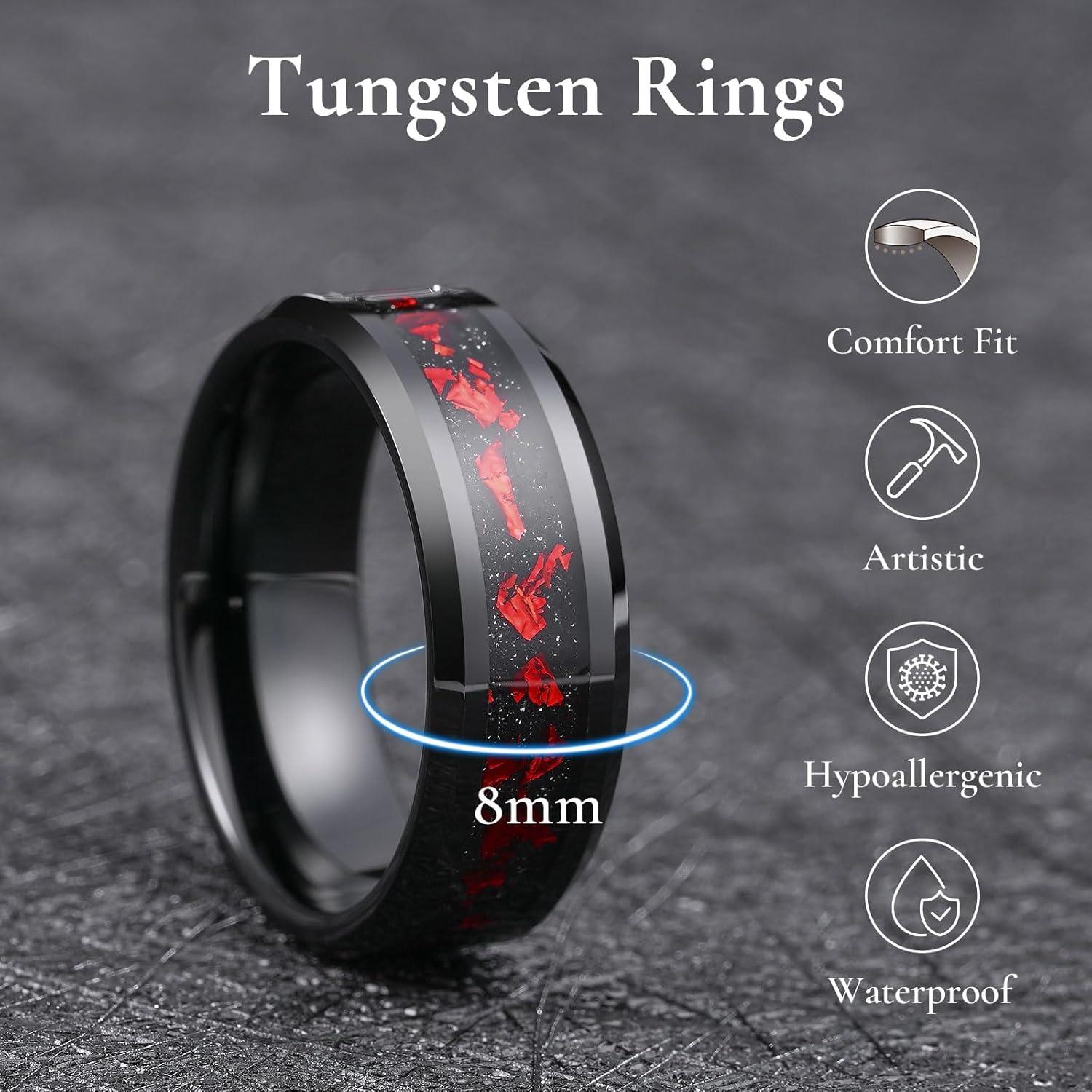 imageKing Will Mens Wedding Band with Foils Inlay BlackSilverGold Beveled Edge Glowstone Ring 6mm8mm Tungsten Carbide Rings Comfort FitBlackRed8mm