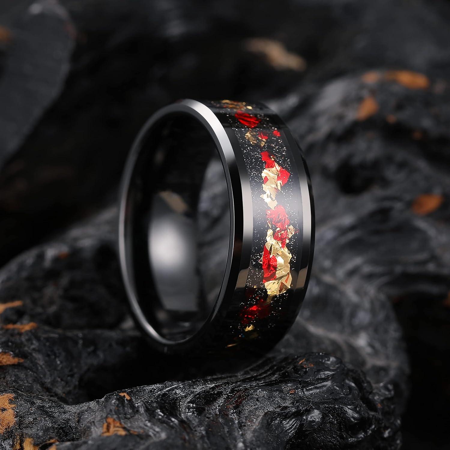 imageKing Will Mens Wedding Band with Foils Inlay BlackSilverGold Beveled Edge Glowstone Ring 6mm8mm Tungsten Carbide Rings Comfort FitBlackRedGold8mm