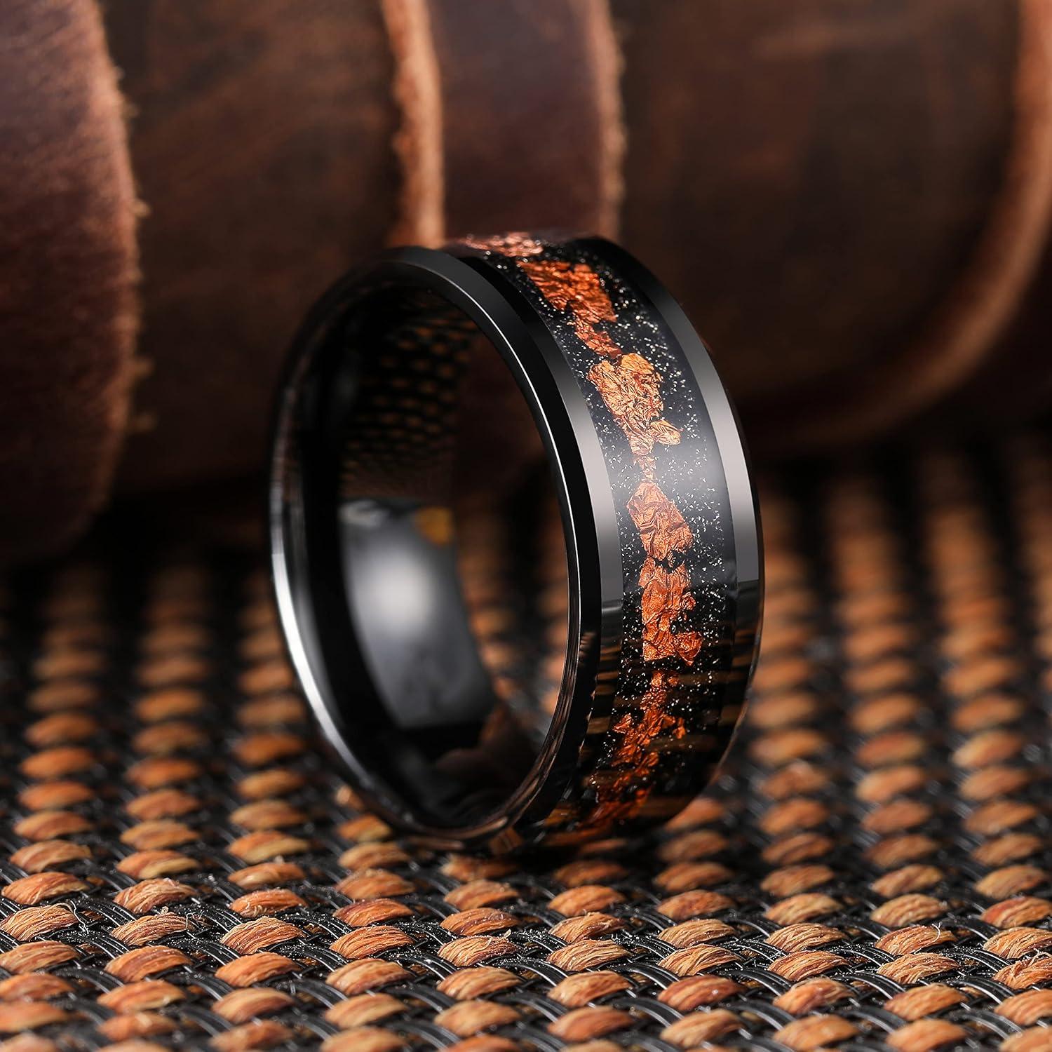 imageKing Will Mens Wedding Band with Foils Inlay BlackSilverGold Beveled Edge Glowstone Ring 6mm8mm Tungsten Carbide Rings Comfort FitBlackRose Gold8mm