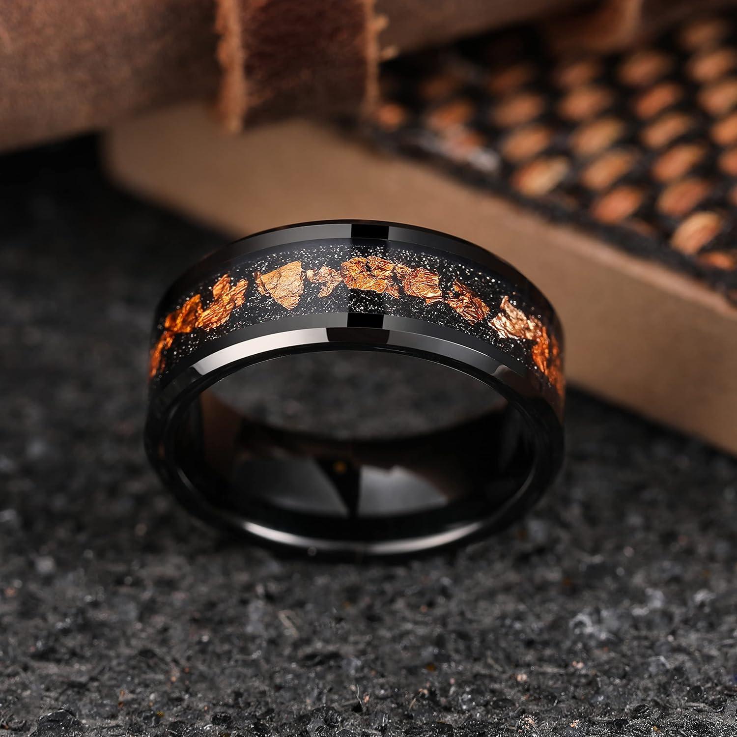 imageKing Will Mens Wedding Band with Foils Inlay BlackSilverGold Beveled Edge Glowstone Ring 6mm8mm Tungsten Carbide Rings Comfort FitBlackRose Gold8mm
