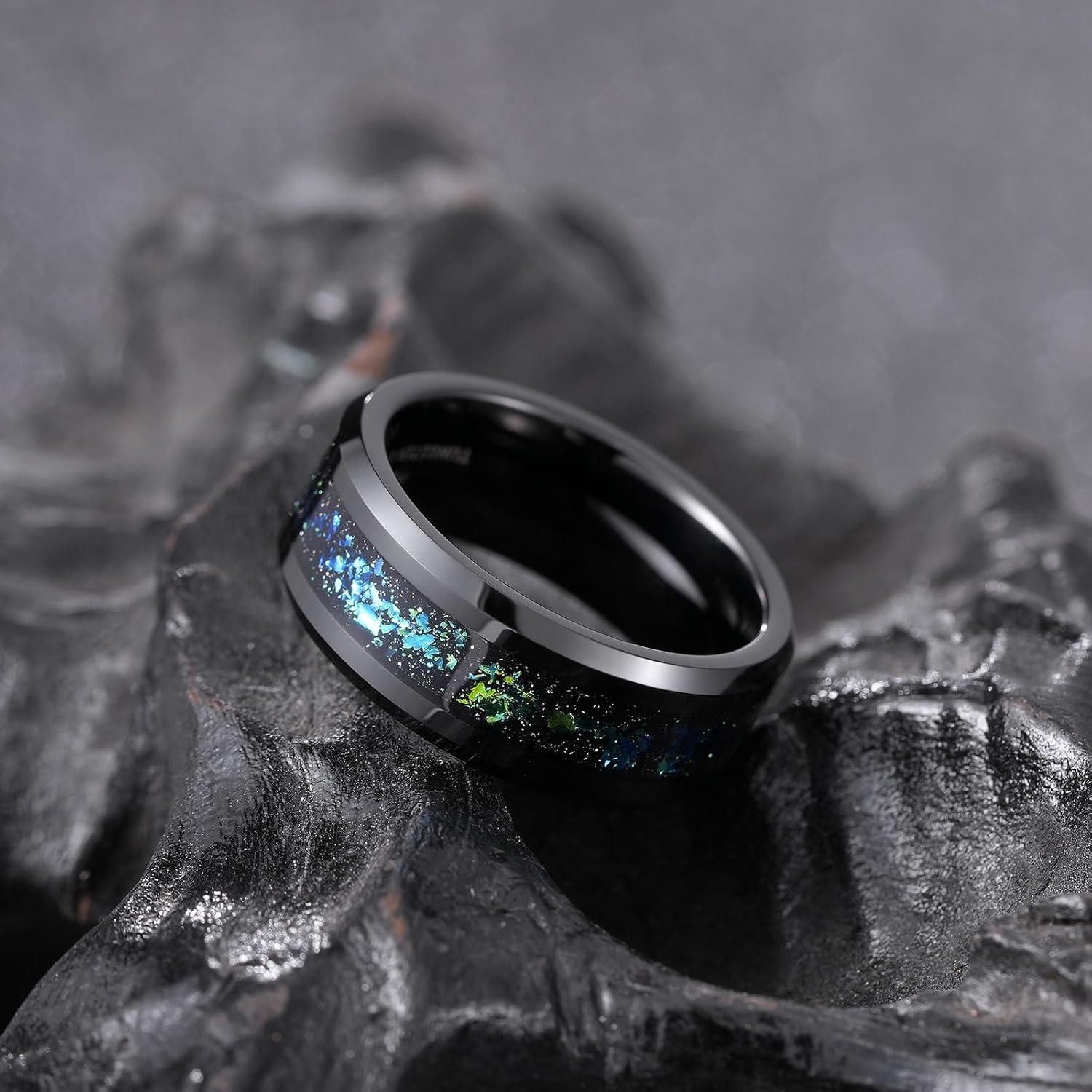 imageKing Will Mens Wedding Band with Foils Inlay BlackSilverGold Beveled Edge Glowstone Ring 6mm8mm Tungsten Carbide Rings Comfort FitBlackTeal8mm