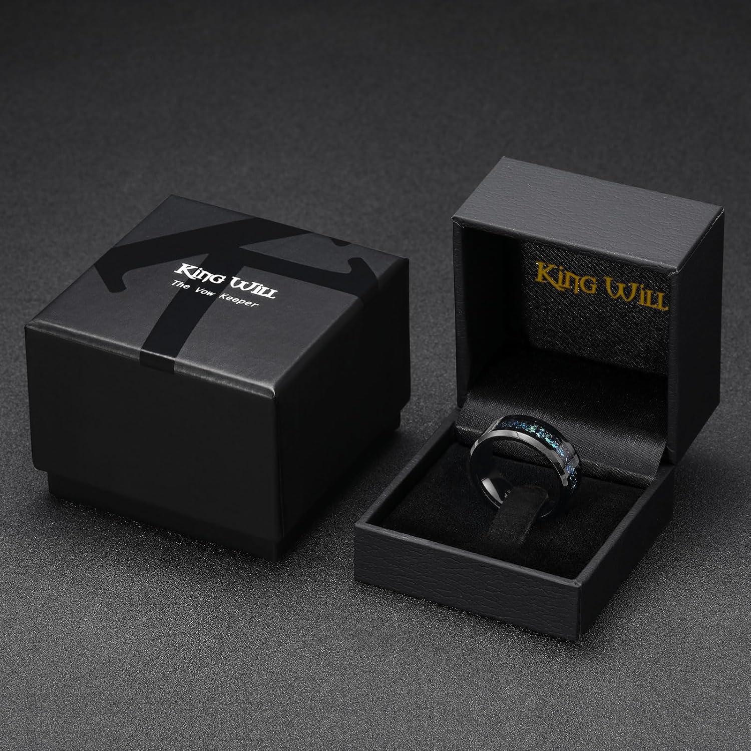 imageKing Will Mens Wedding Band with Foils Inlay BlackSilverGold Beveled Edge Glowstone Ring 6mm8mm Tungsten Carbide Rings Comfort FitBlackTeal8mm