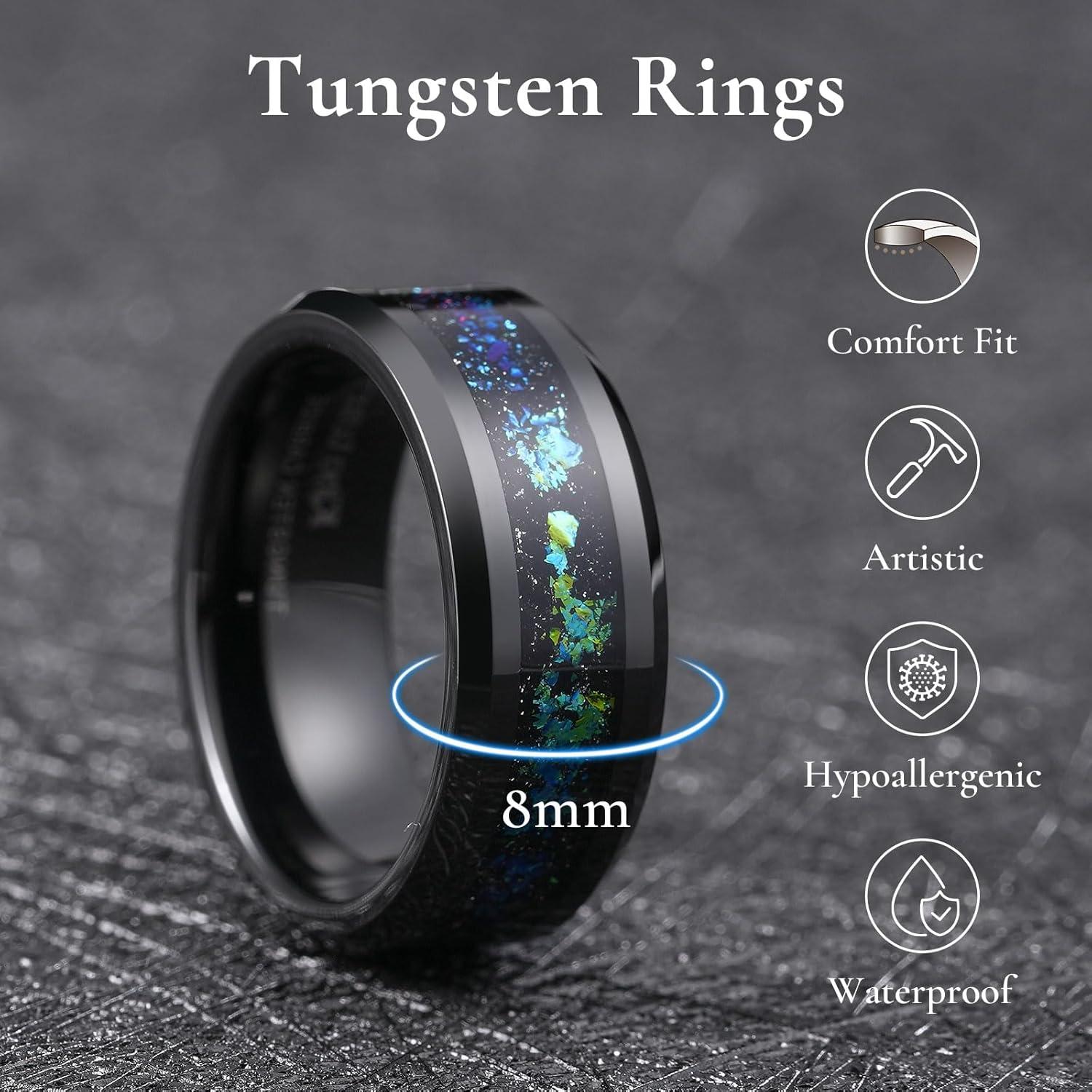 imageKing Will Mens Wedding Band with Foils Inlay BlackSilverGold Beveled Edge Glowstone Ring 6mm8mm Tungsten Carbide Rings Comfort FitBlackTeal8mm